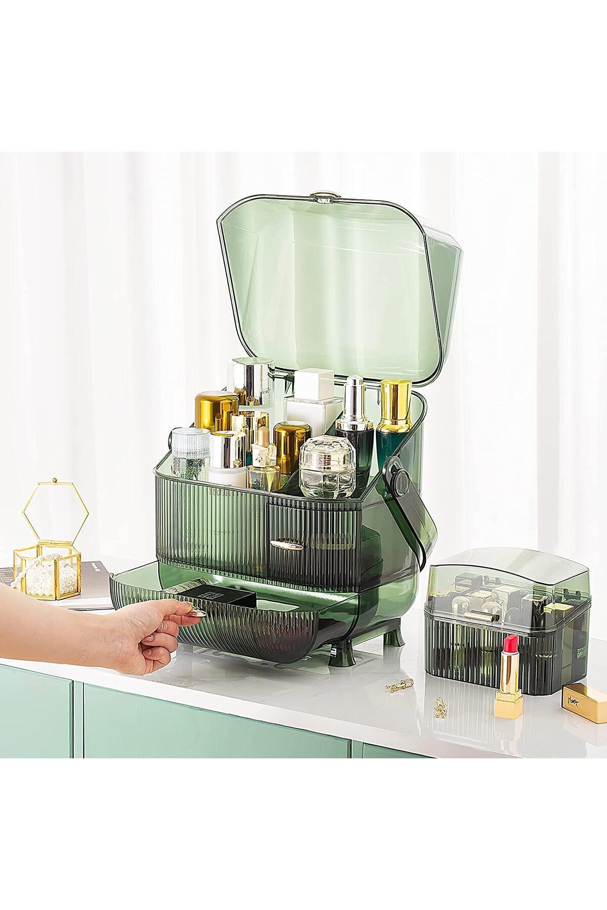 COOYA-Large capacity cosmetics storage box,with handle and drawer,suitable for dressing table,green 6