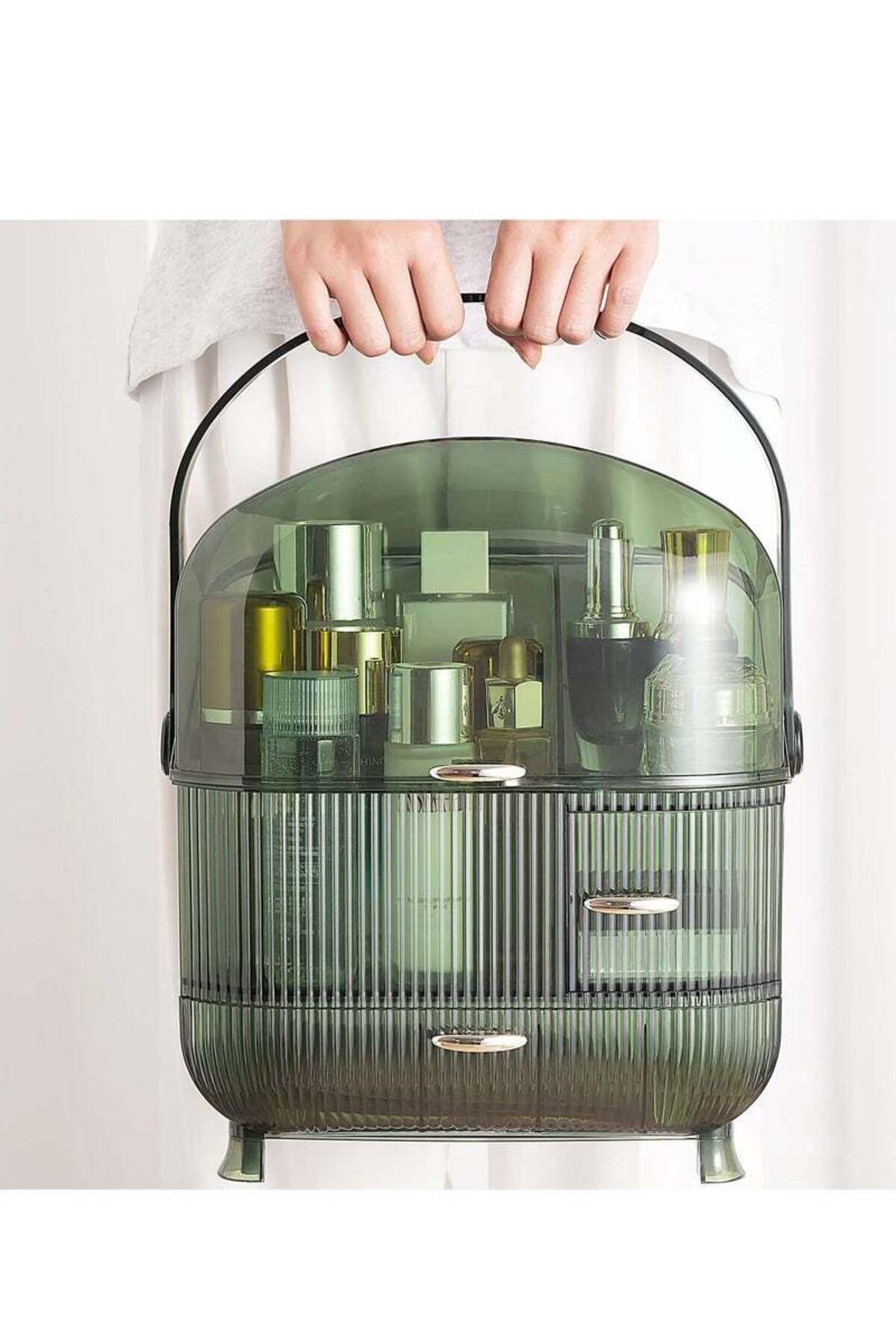 COOYA-Large capacity cosmetics storage box,with handle and drawer,suitable for dressing table,green 3