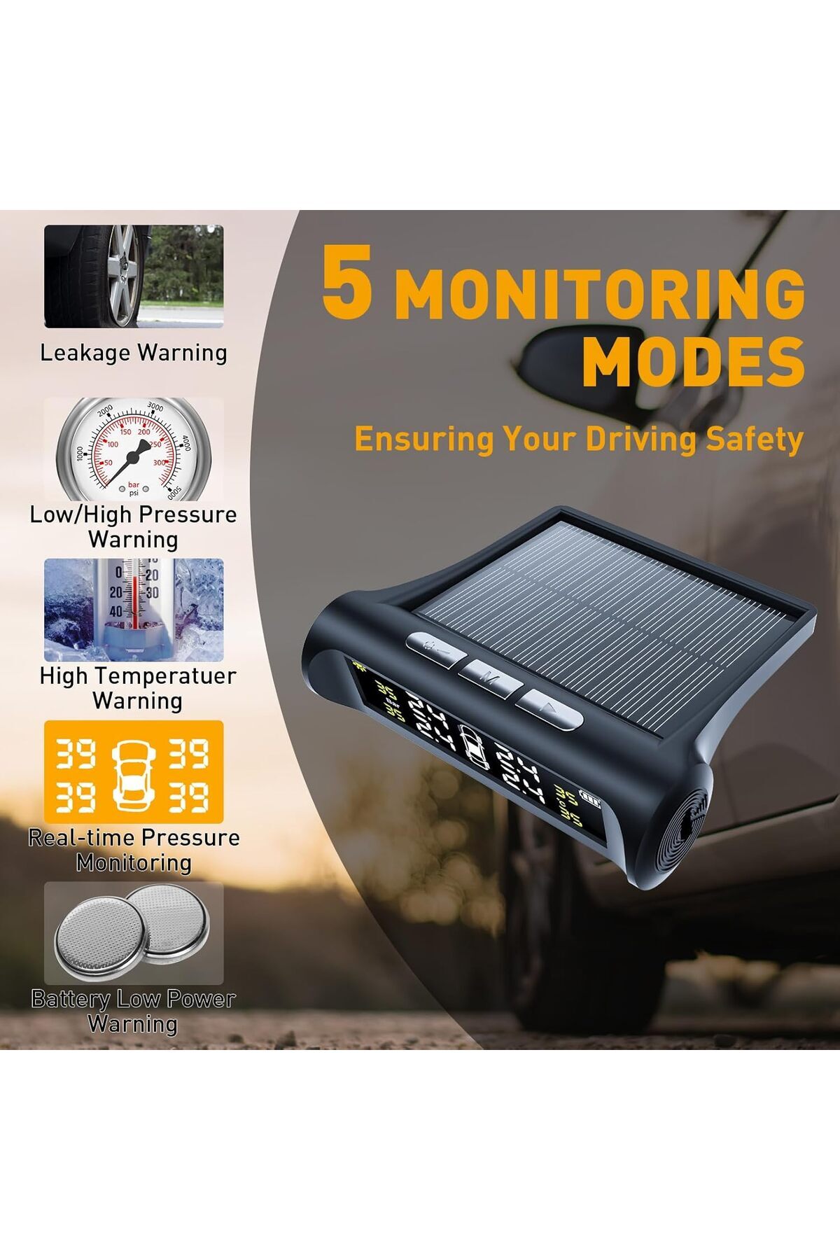 fulina-Solar Powered Wireless Tire Pressure Monitoring System, with 4 External Sensors 5
