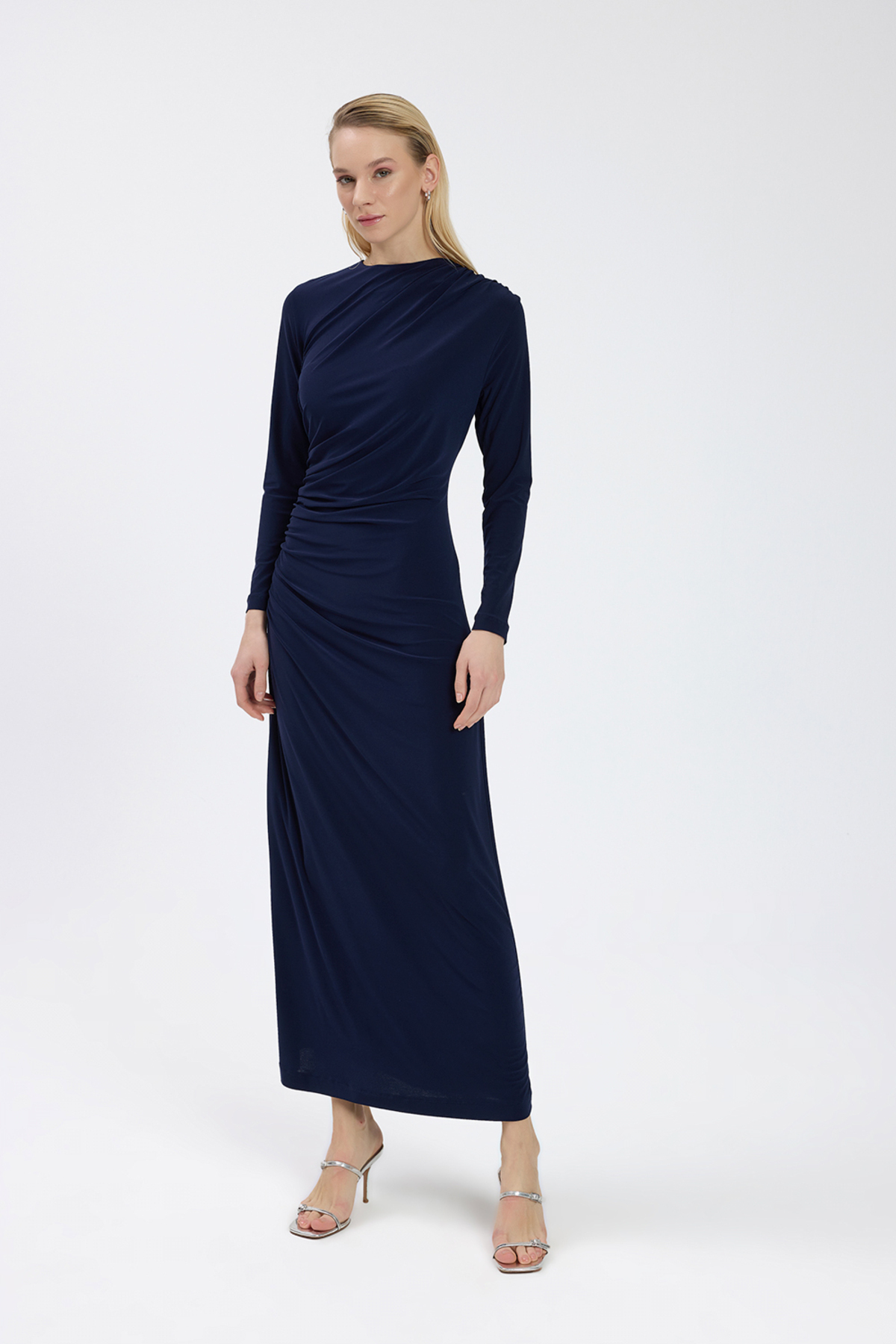 Navy Shirring Detailed Dress