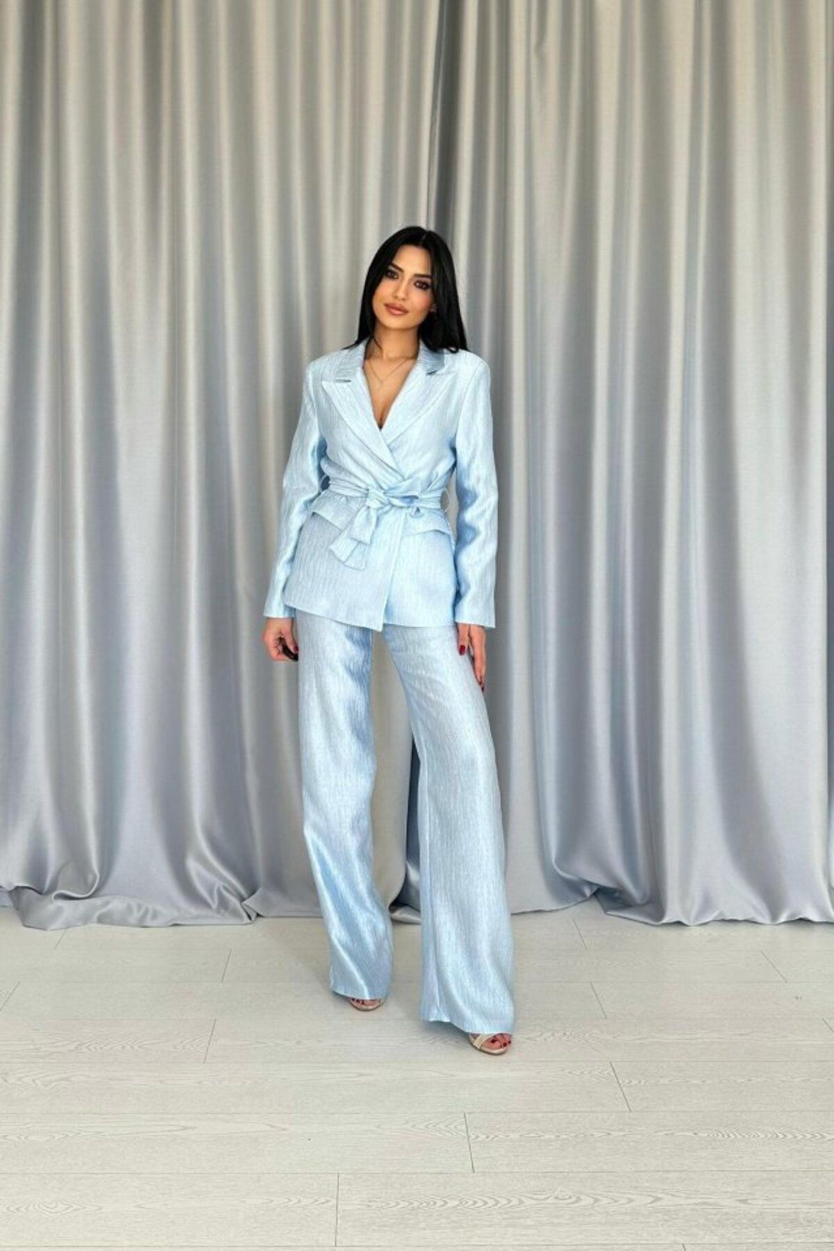 velmorafashion Mavi Beli Kuşaklı Ceket Ve Pantolon Parlak Takım
