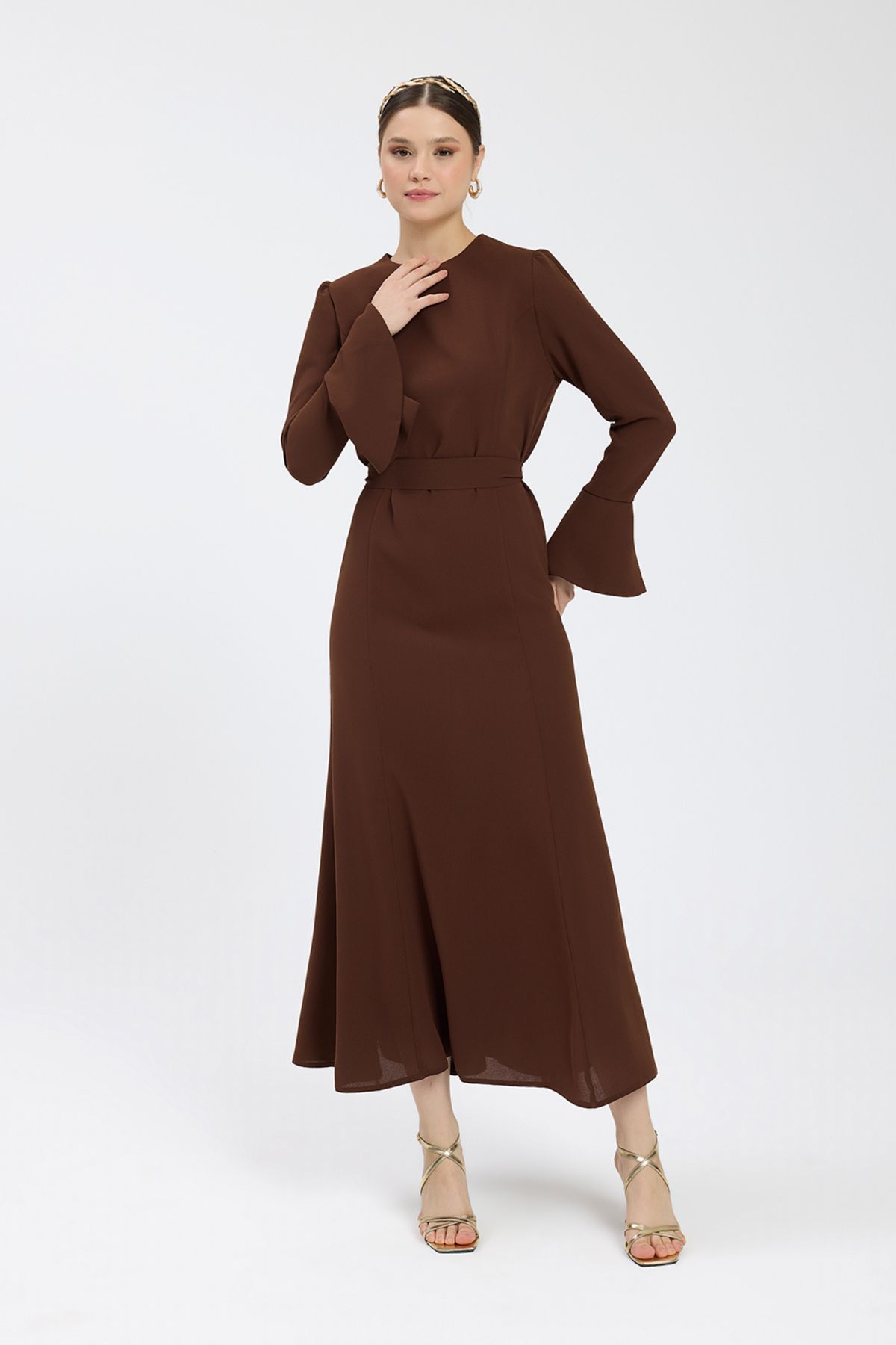 Birgül Bektaş-Brown Belted Crepe Dress 3