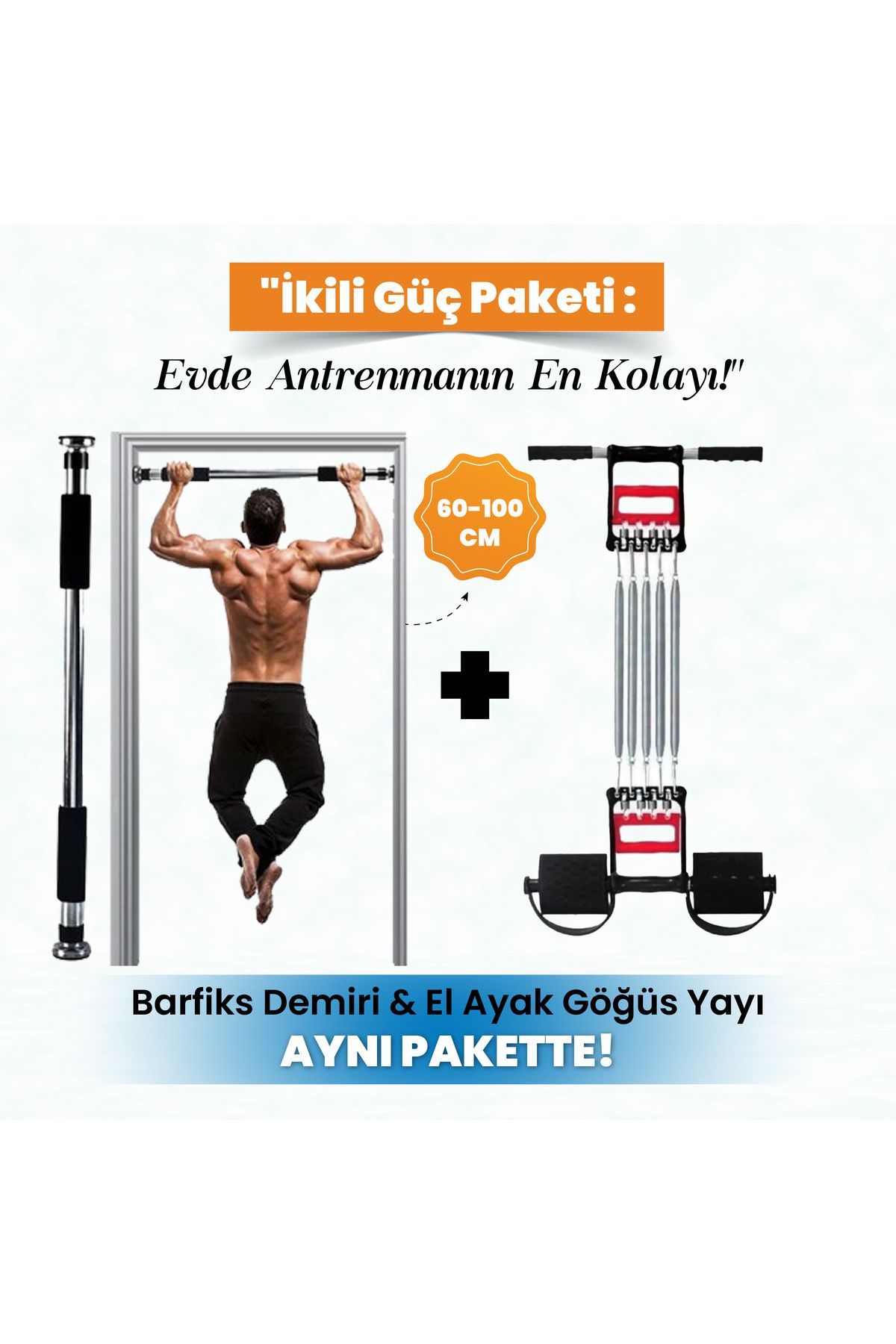 Raicon 60-100 Cm Çift Süngerli Ayarlanabilir Barfiks Çubuğu ve El Ayak Göğüs Yayı Çelik Yay Spor Aleti