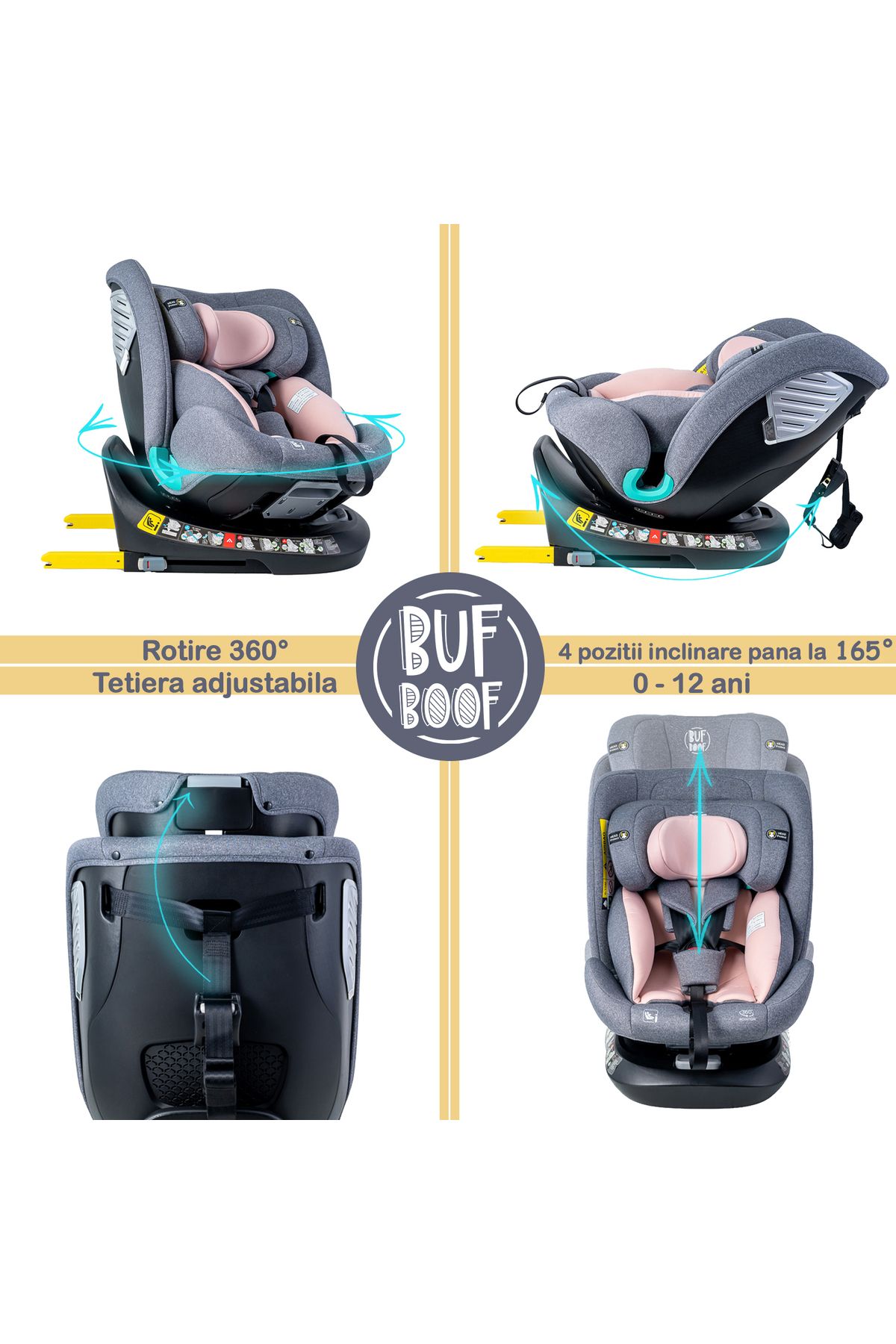 BUF BOOF-Scaun Auto Saphir DELUXE BUF BOOF iSIZE Pink Isofix pozitie somn 165 grade rotativ grade 40-150 cm 3