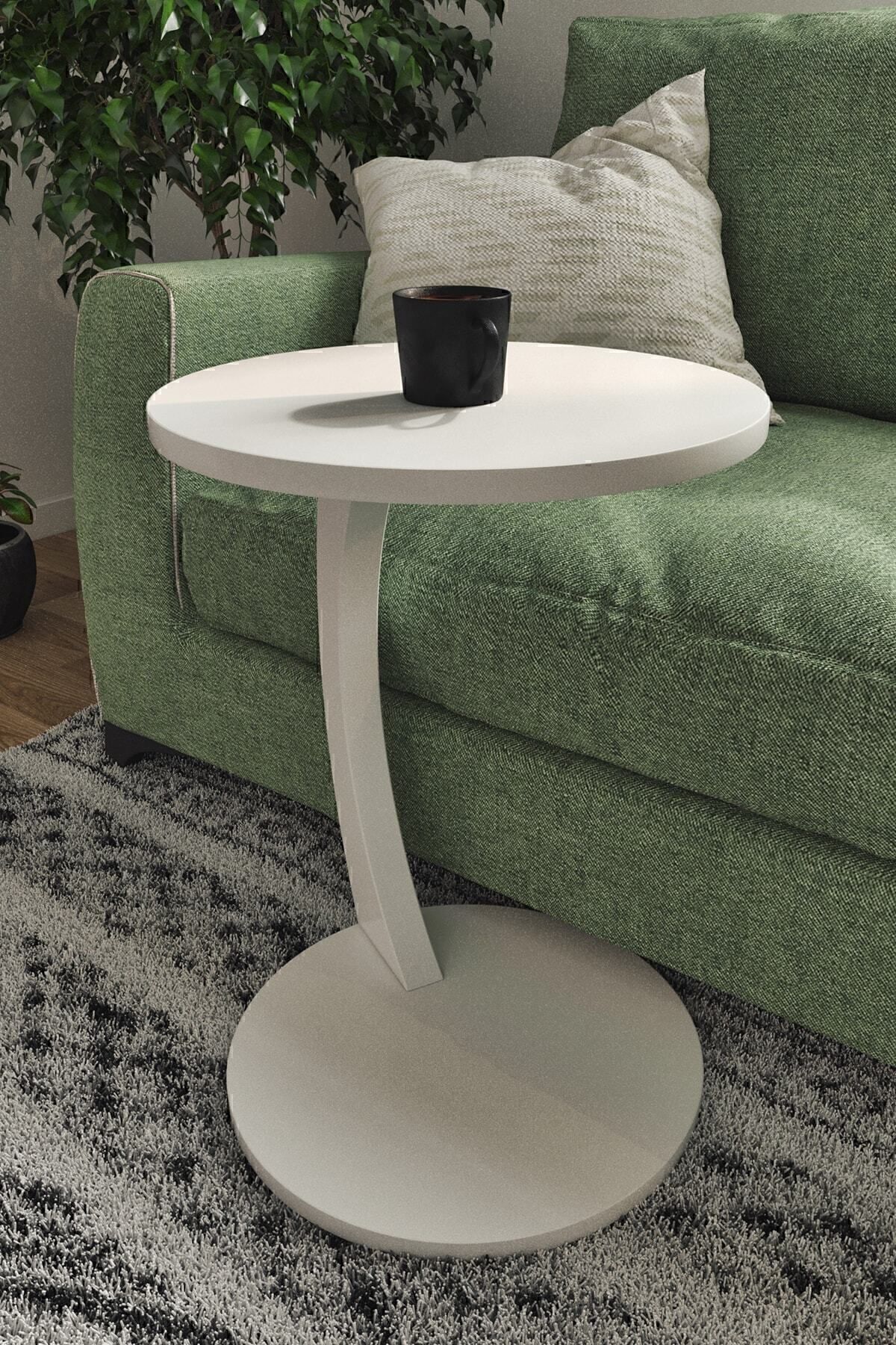 interGO-C-shaped Round End Table With Rolling Wheels - White 3