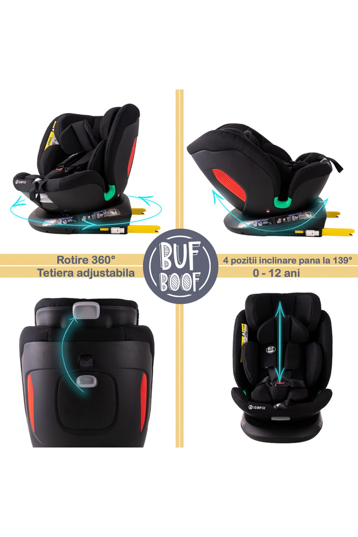 BUF BOOF-Diamond Deluxe i-Size Buf Boof Car Seat with 360 Degree Rotating ISOFIX Top Tether 40-150 cm Black 2