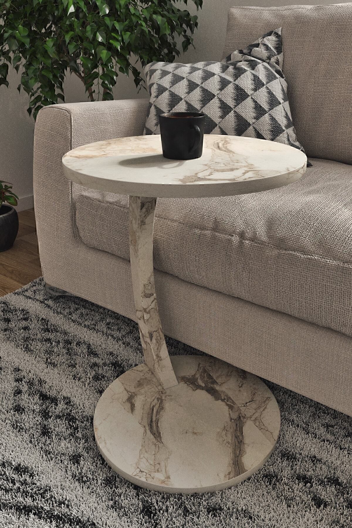 interGO-C-shaped Round End Table With Rolling Wheels - White Marble Pattern 3