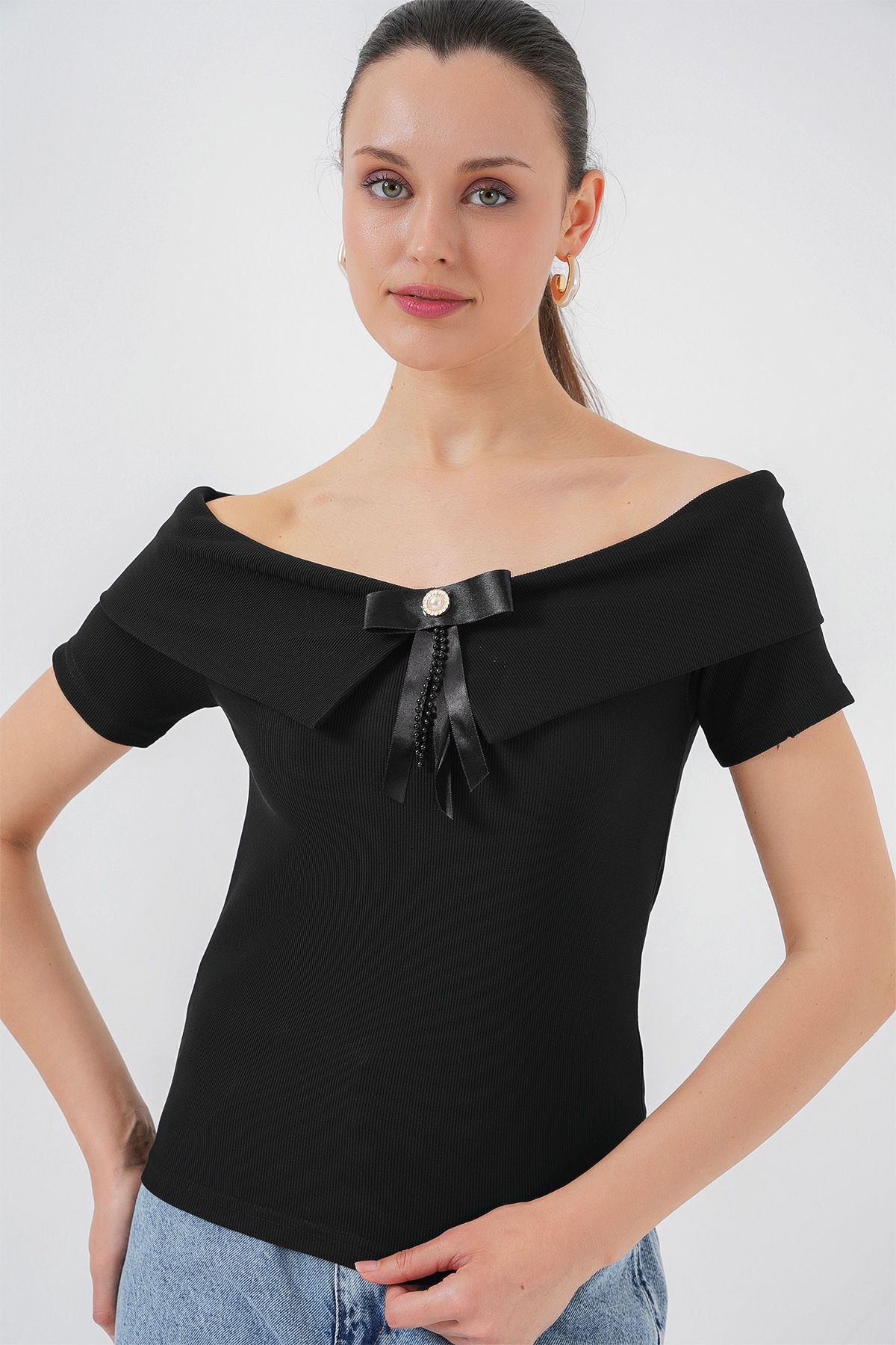 Bigdart-Gestrickte Bluse mit Schleifenbesatz 949 - Schwarz 3