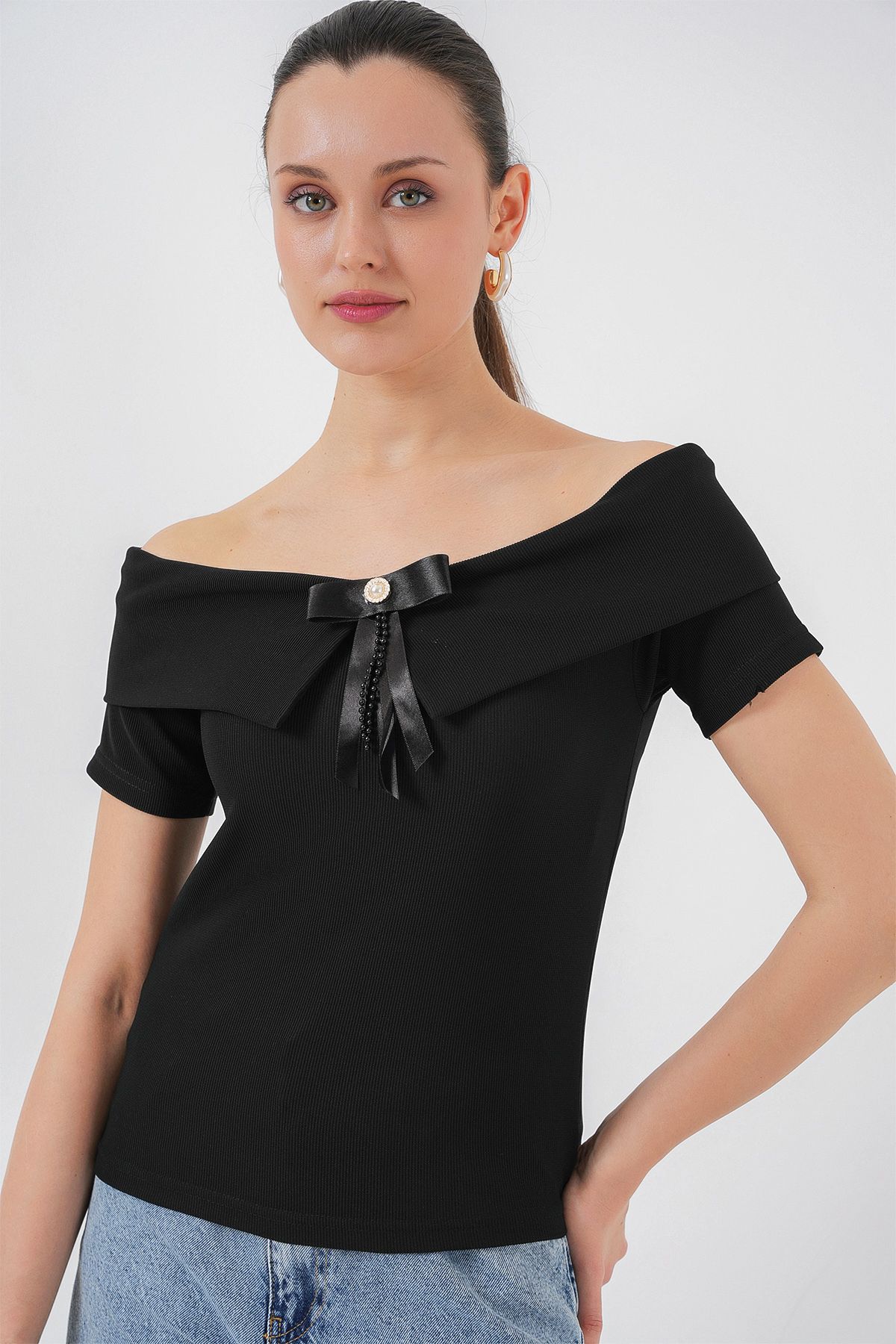 Bigdart-Gestrickte Bluse mit Schleifenbesatz 949 - Schwarz 4