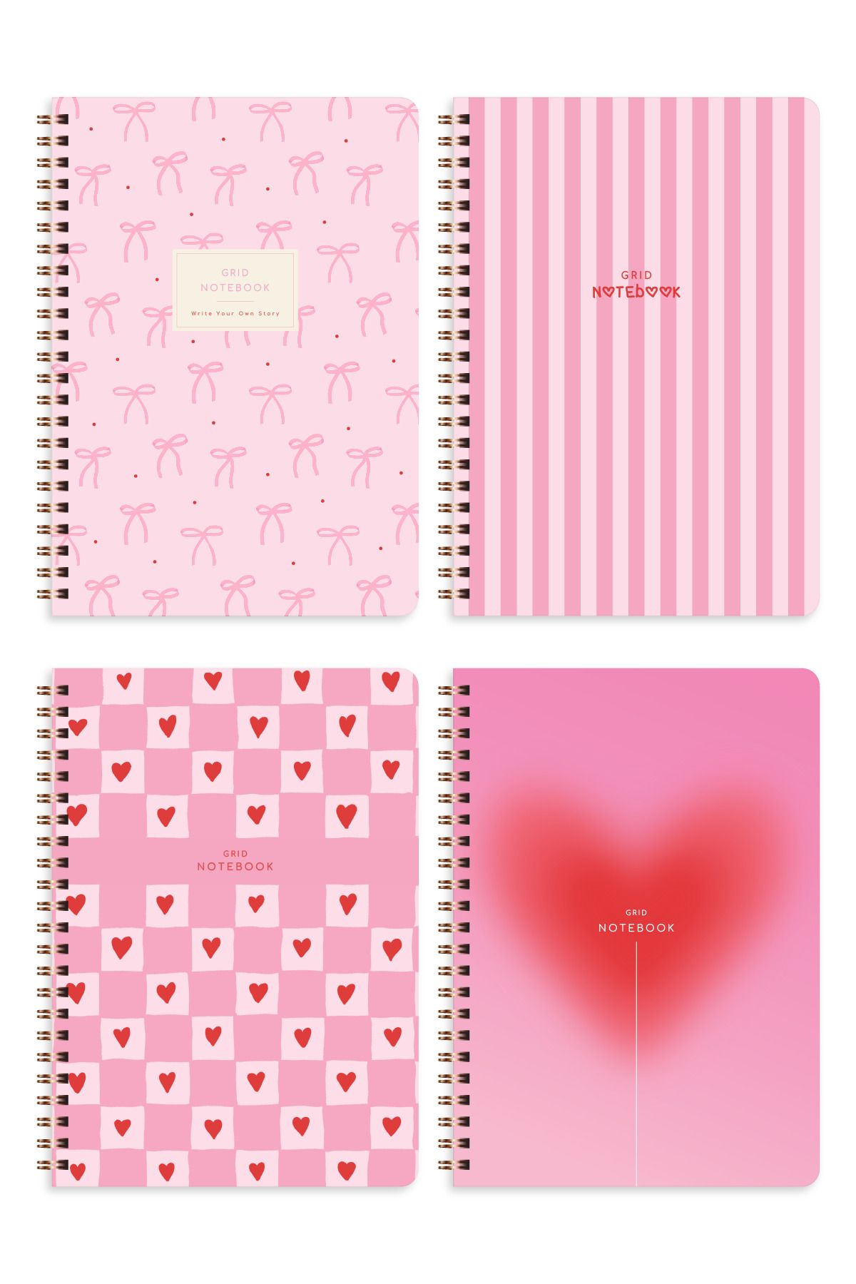 PAPERORA-A5 Spiral Paper Cover Set of 4 Checkered School Notebook 80 Sheets - Pink Ribbon Heart with Lesson Schedule 7