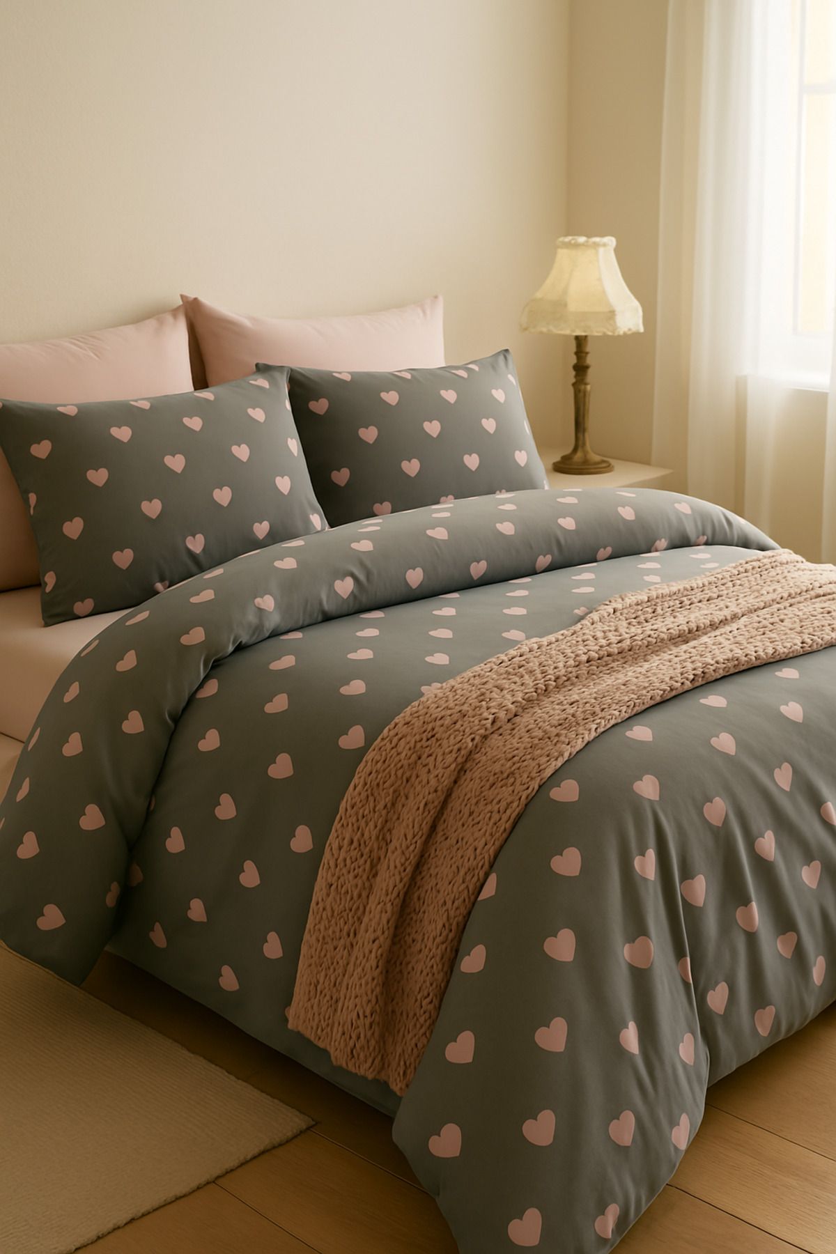 GARDEN ROOM-Double Leyla Gray Floor / Pink Heart Duvet Cover Set - with Elastic Sheet and Pillowcases 4