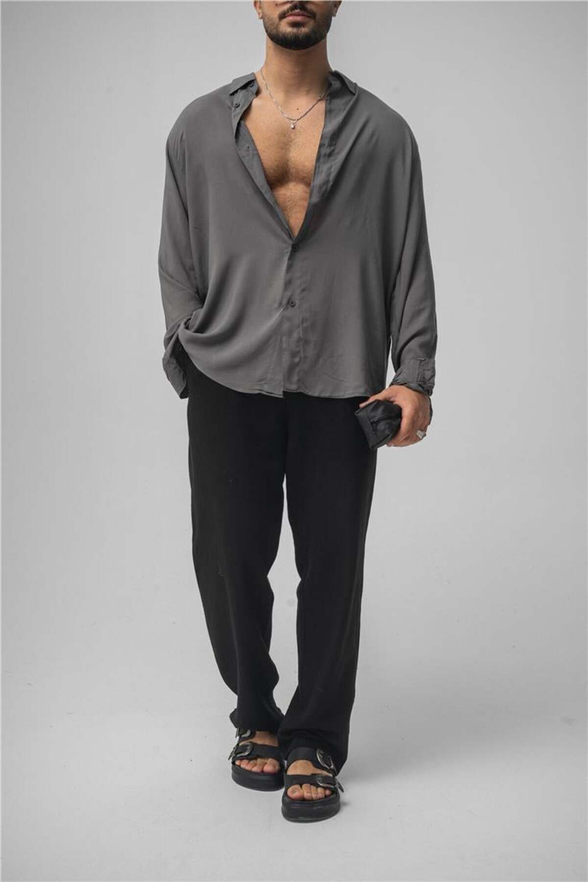 OUTFİT MAN-Men's Draped Oversize Shirt Anthracite 2