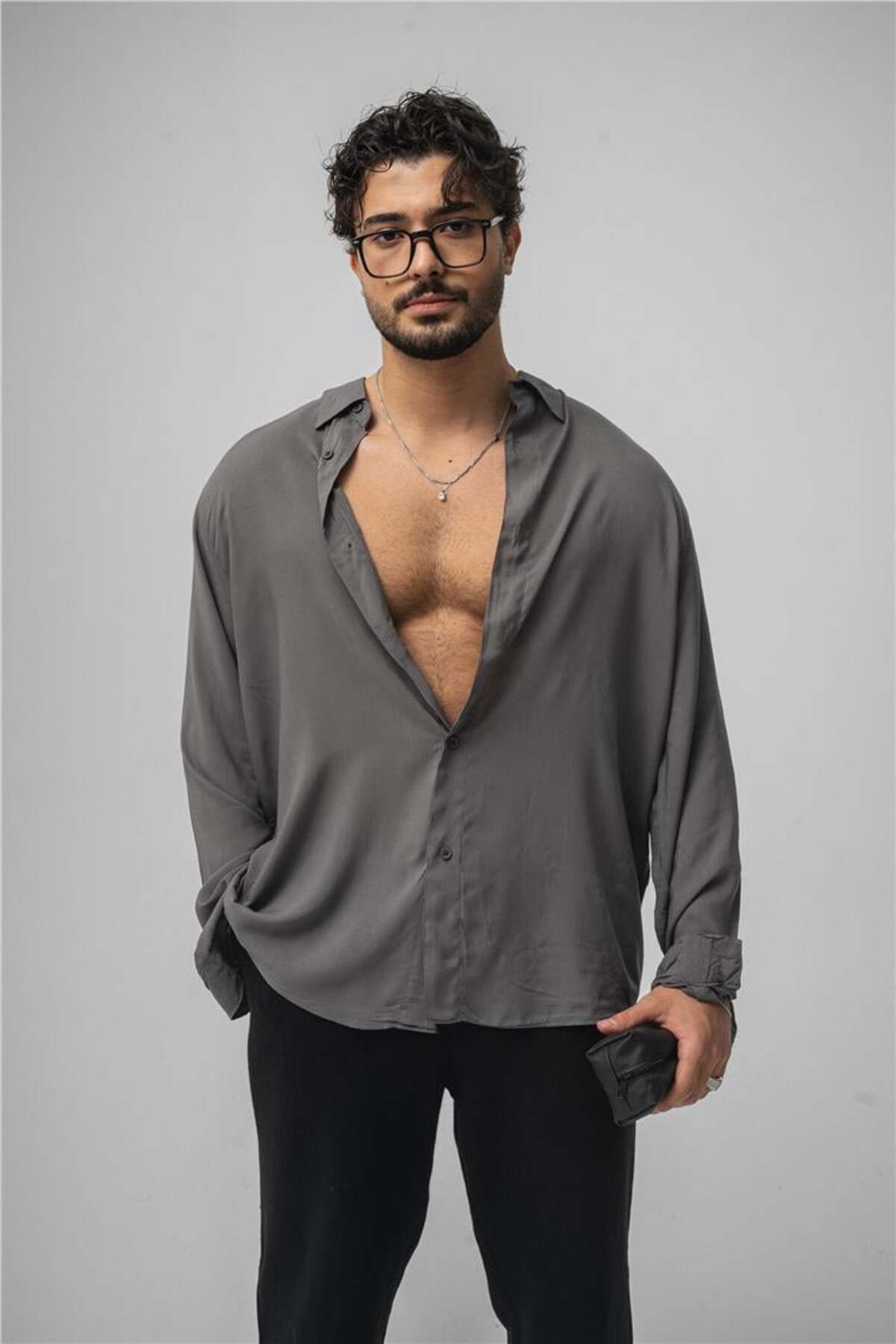 OUTFİT MAN-Men's Draped Oversize Shirt Anthracite 5