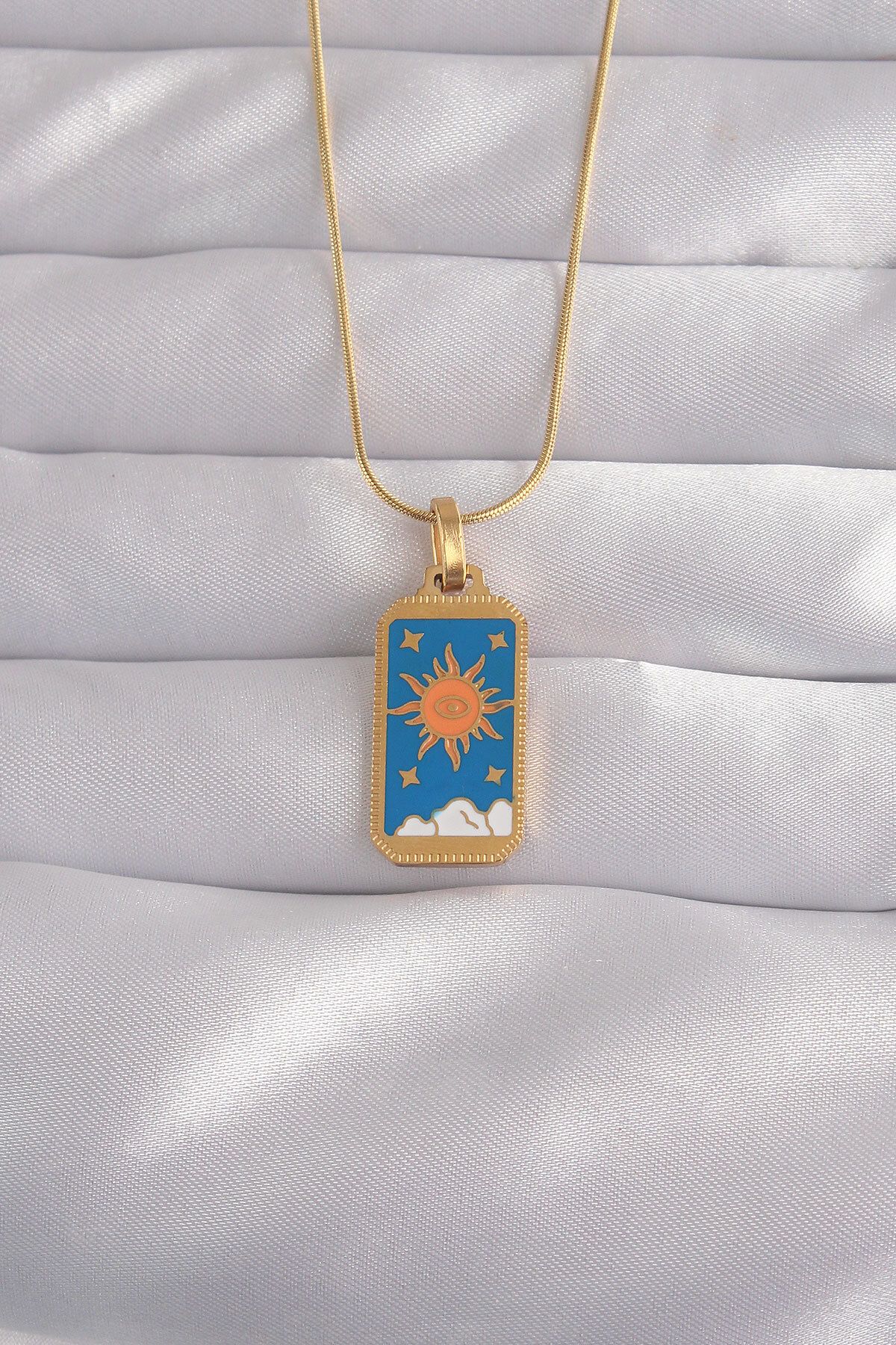 karadağsb 316L Çelik Gold Renk Mavi Mineli Güneş Model Tarot Kolye - Tj-Bko9026