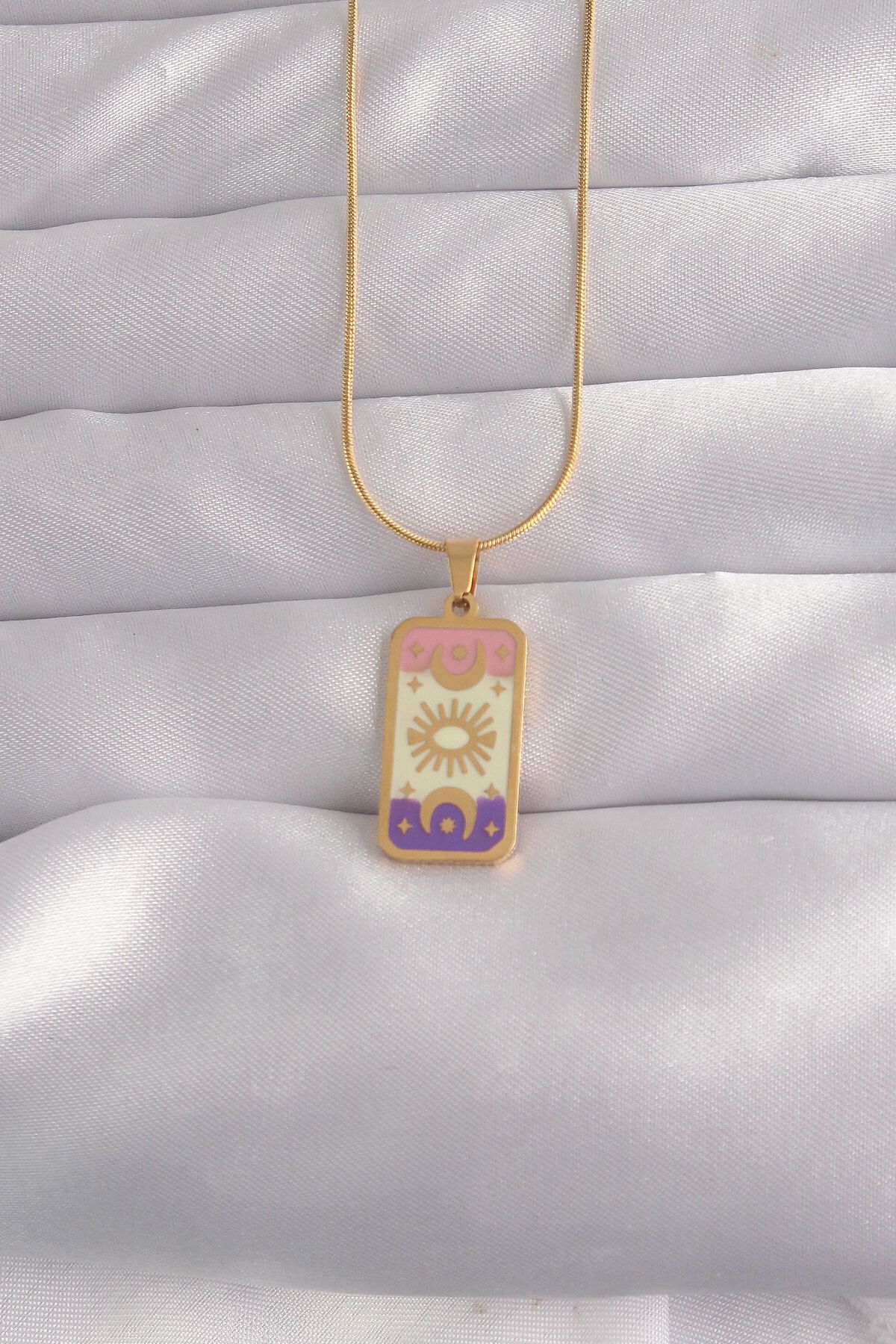 karadağsb 316L Çelik Gold Renk Karışık Mineli Ay Figür Tarot Kolye - Tj-Bko9032