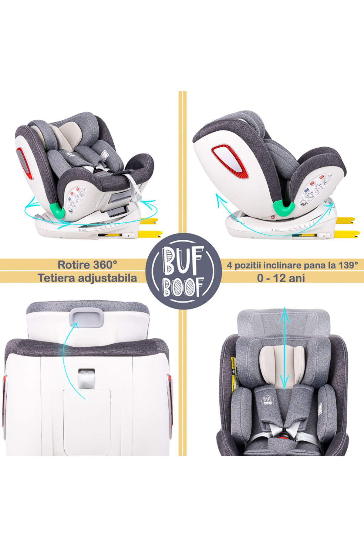 BUF BOOF-Scaun auto Platinum Deluxe i-Size Buf Boof Grey isofix rotativ 360 Top Tether SIPS 40-150 cm 4