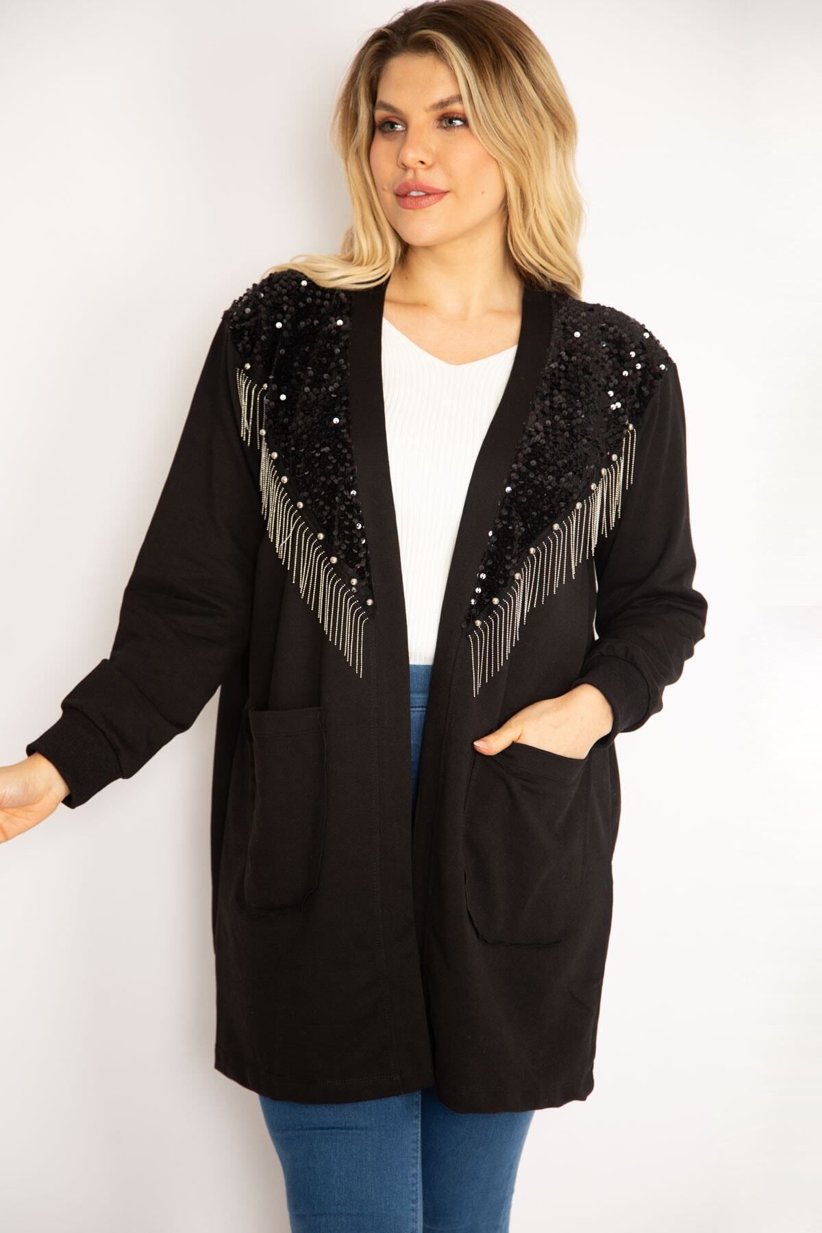 Şans-Große ungefütterte Damenjacke in Schwarz mit Pailletten und Kettenzubehör 65n35139 3