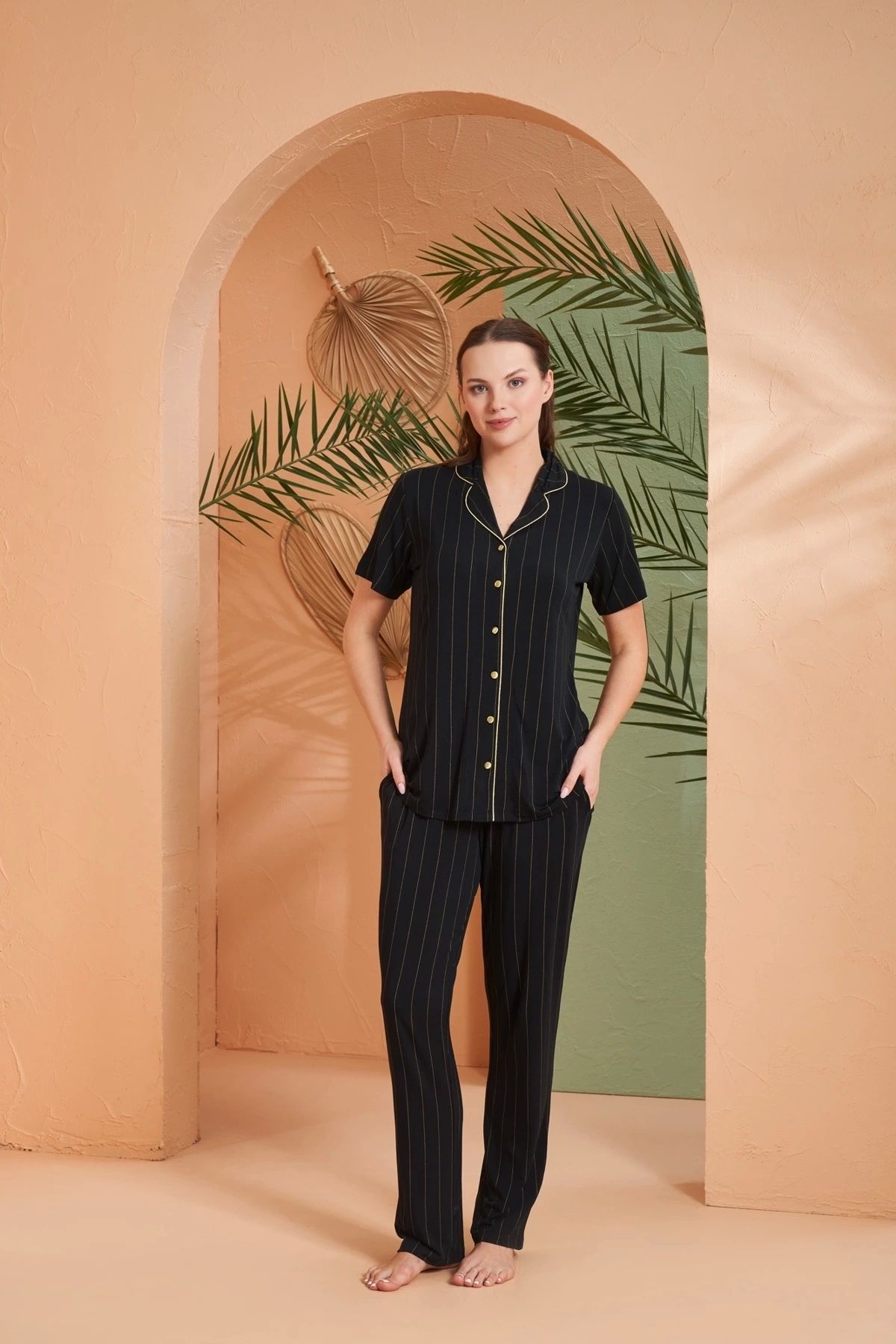 Nemere Pjs 27042 Kadın Kısa Kol Çizgili Önü Düğmeli Pijama Takımı