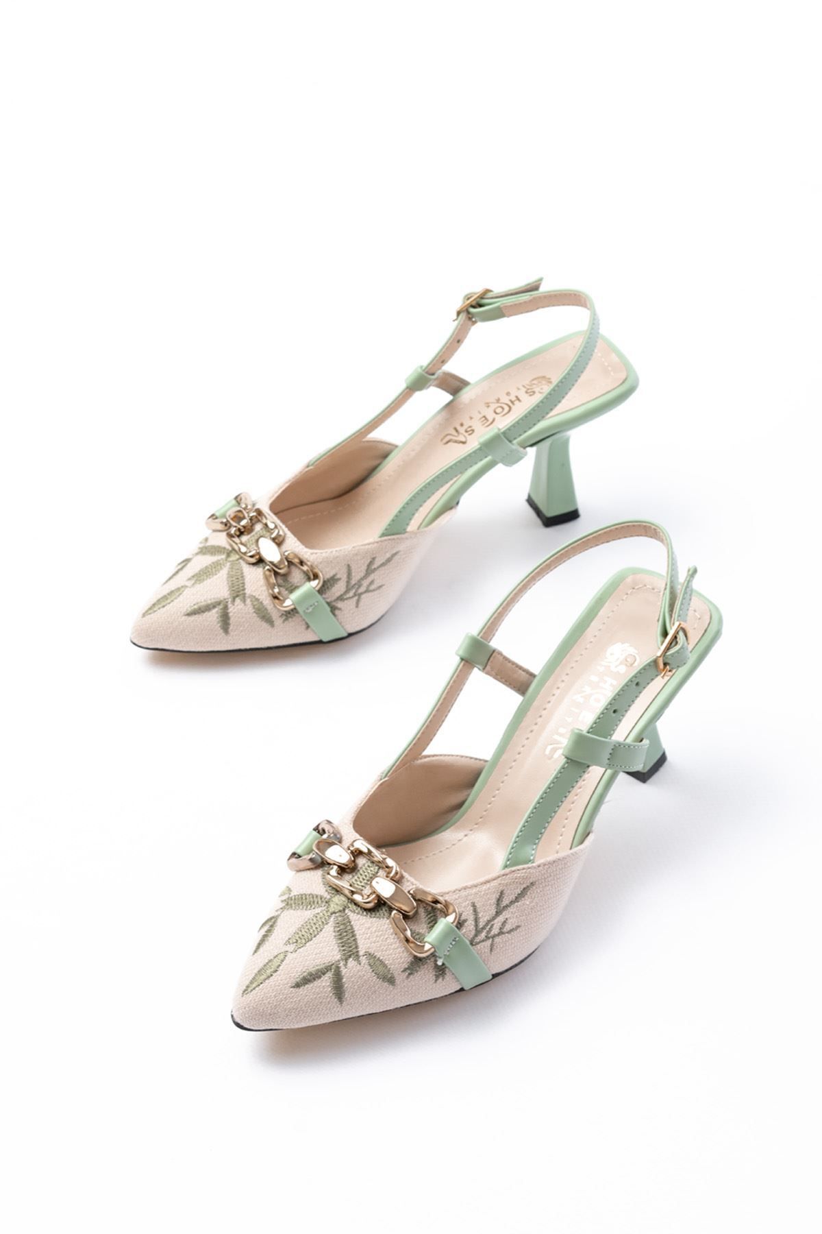 MarjinalTrendim-K-250 Pistachio Green Linen Casual Women's Shoes with Open Back Buckle Heels 3