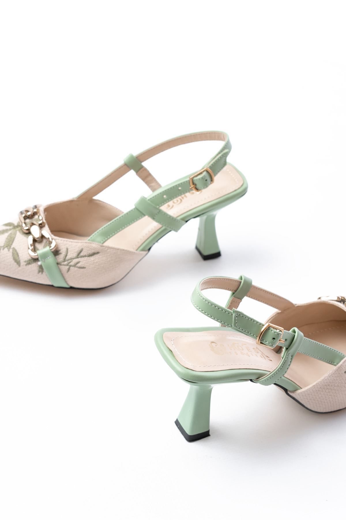 MarjinalTrendim-K-250 Pistachio Green Linen Casual Women's Shoes with Open Back Buckle Heels 5