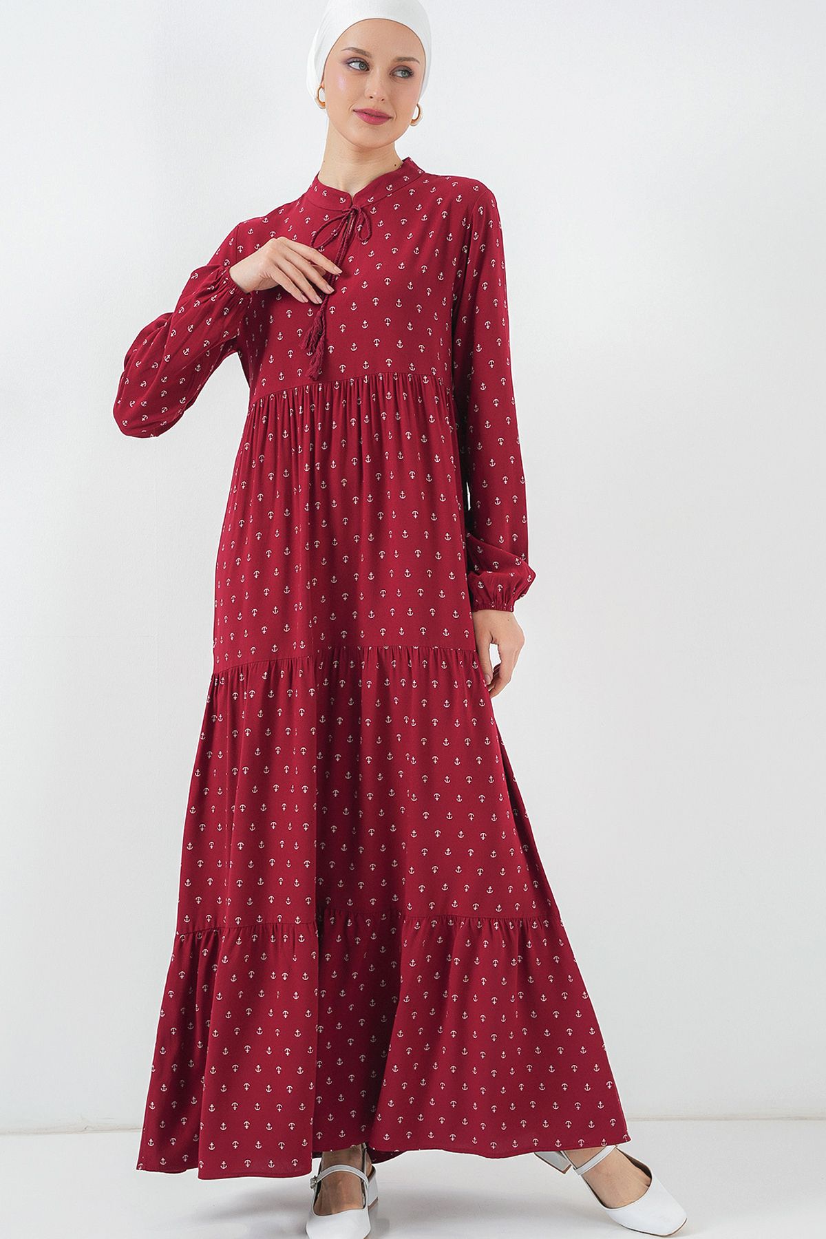 Bigdart-1627 Collar Lace-Up Hijab Dress - Claret Red 3