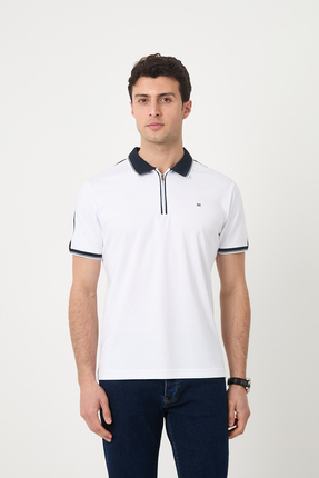 SILVANO Erkek Fermuarlı Yazlık Çizgili Beyaz Polo Yaka Tişört