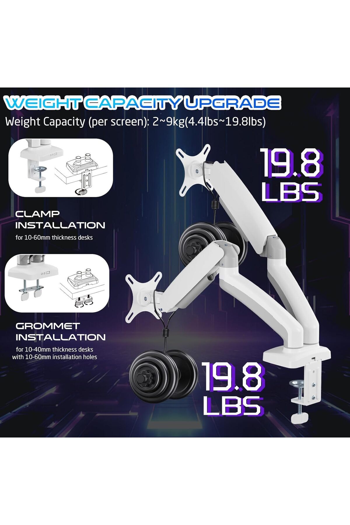 GAMEON-GO-5450 Dual Monitor Arm, Gaming And Office Use, Supports 17" - 32”, Each Arm Up To 2-9 KG - White 5