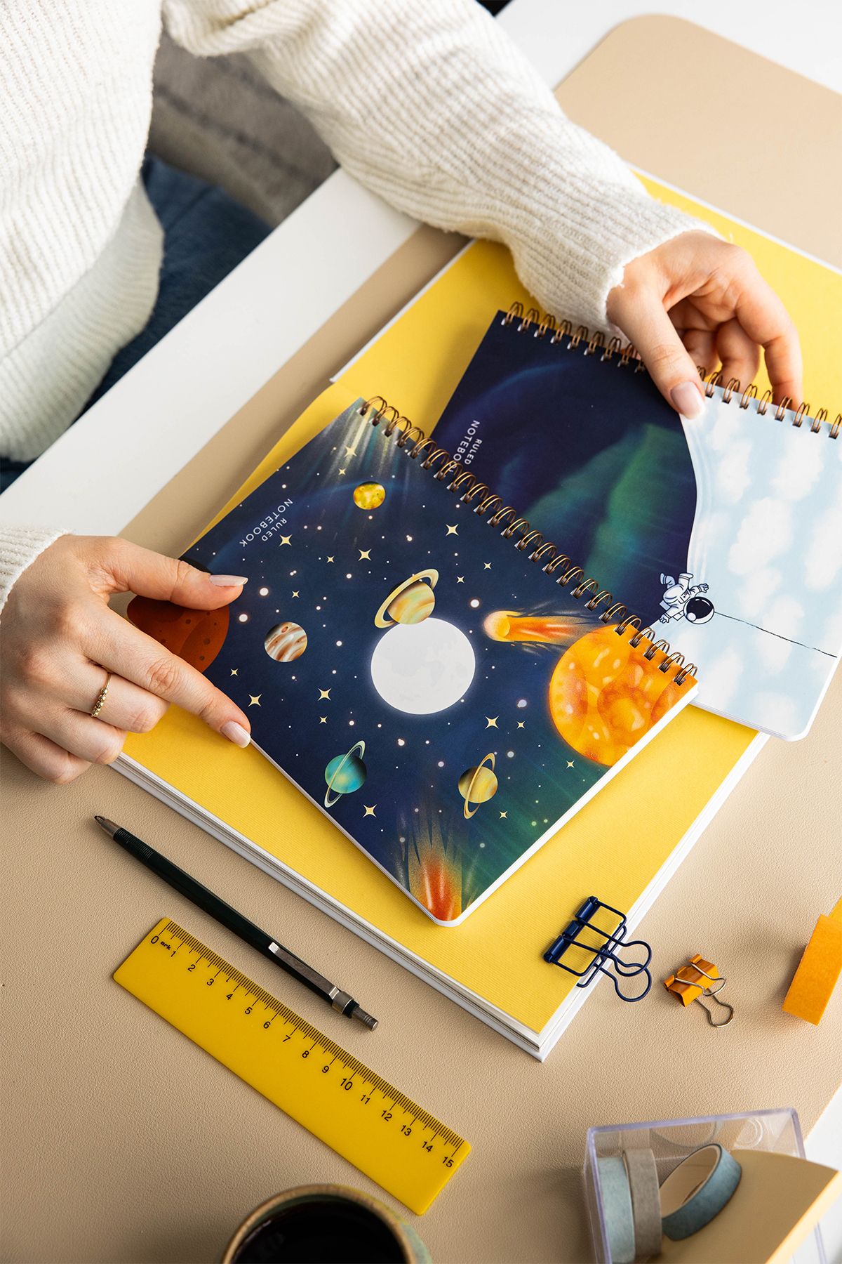 PAPERORA-A5 Spiral Cardboard Cover Set of 2 Ruled School Notebook 80 Sheets, Galaxy with Lesson Schedule 5