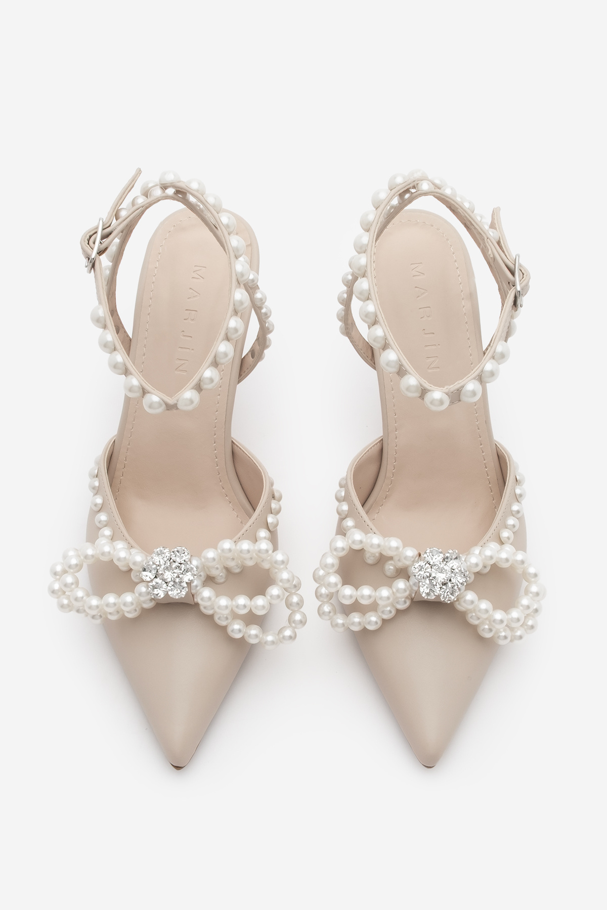 Marjin-Pantofi stiletto de damă bej cu vârf ascuțit, perle și strasuri, cu toc cu curele la gleznă 6