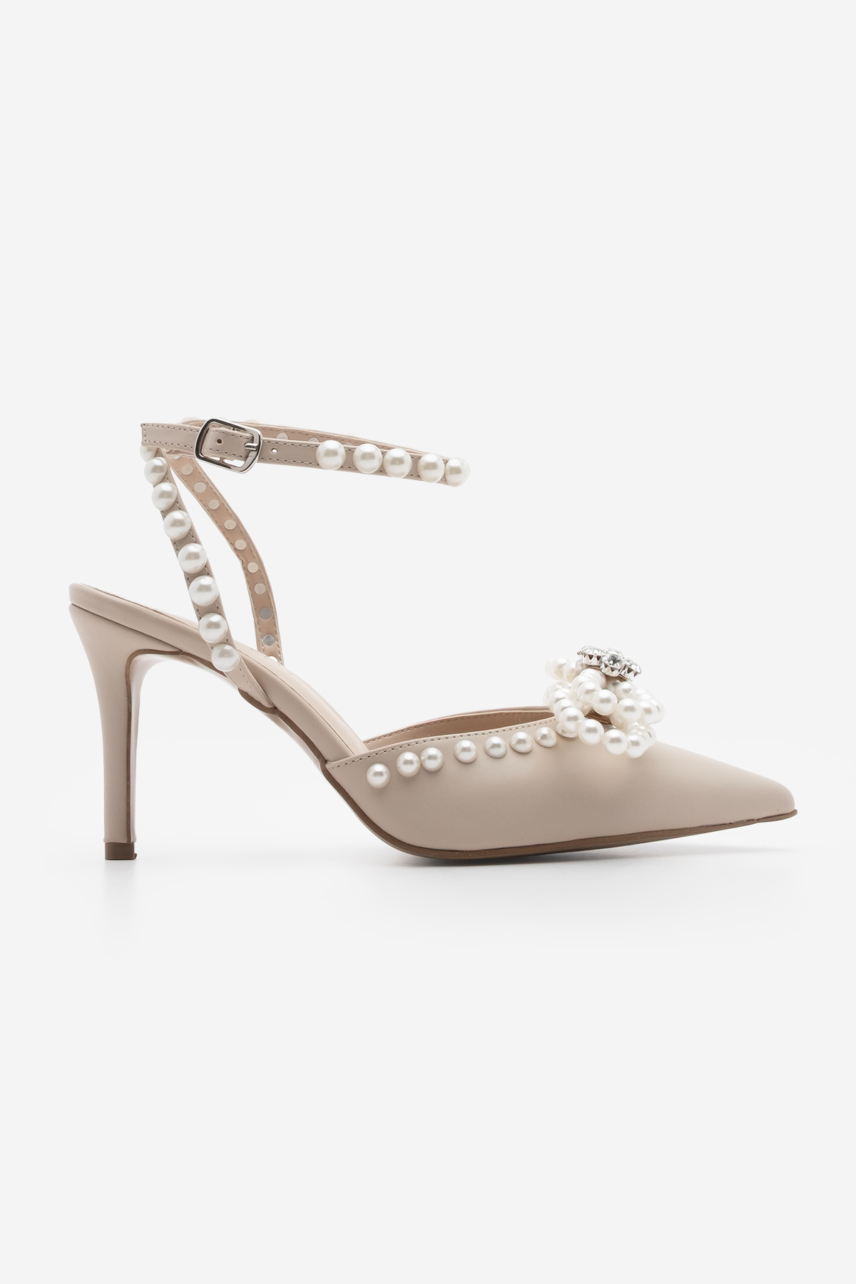 Marjin-Pantofi stiletto de damă bej cu vârf ascuțit, perle și strasuri, cu toc cu curele la gleznă 3