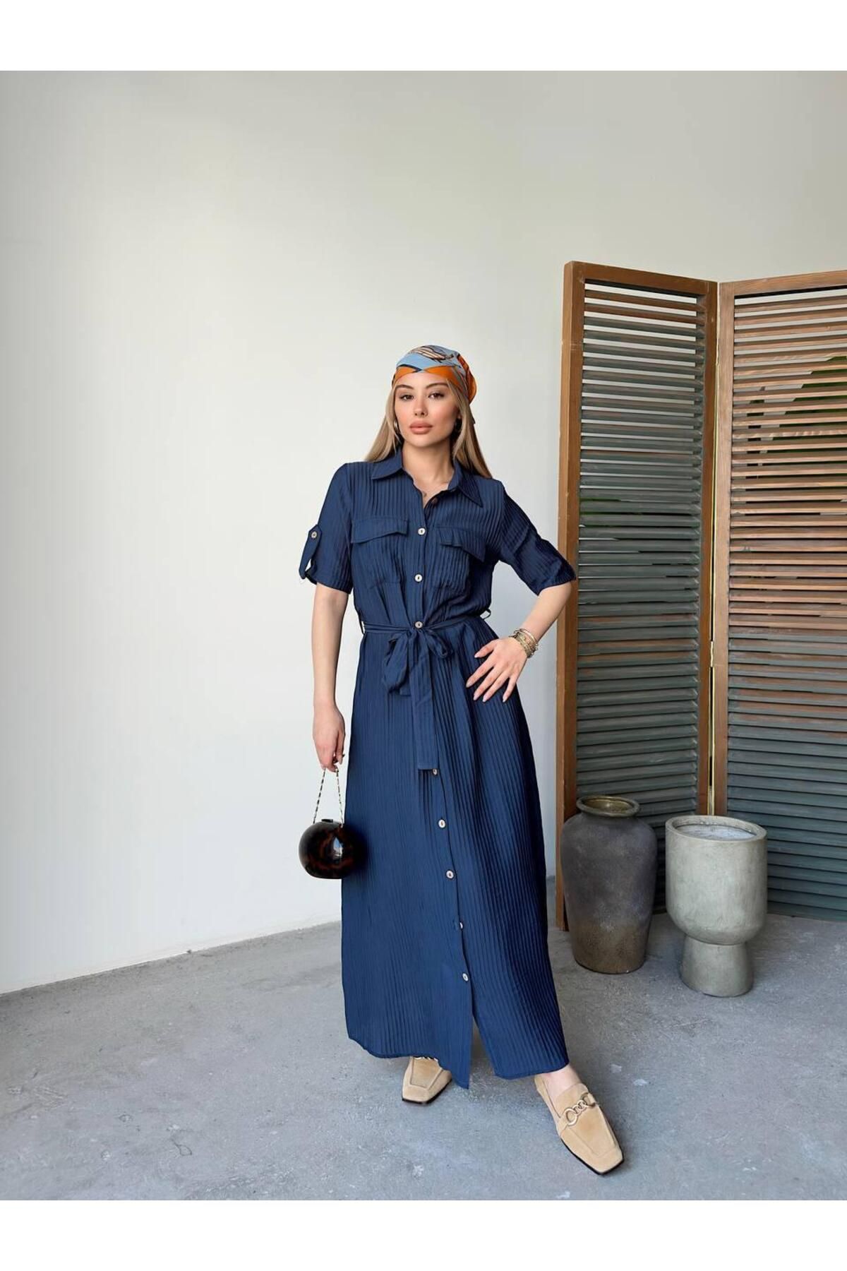 LE CARAMBOLE-Women's Navy Blue Polo Neck Pocket Belted Front Button Long Dress 2