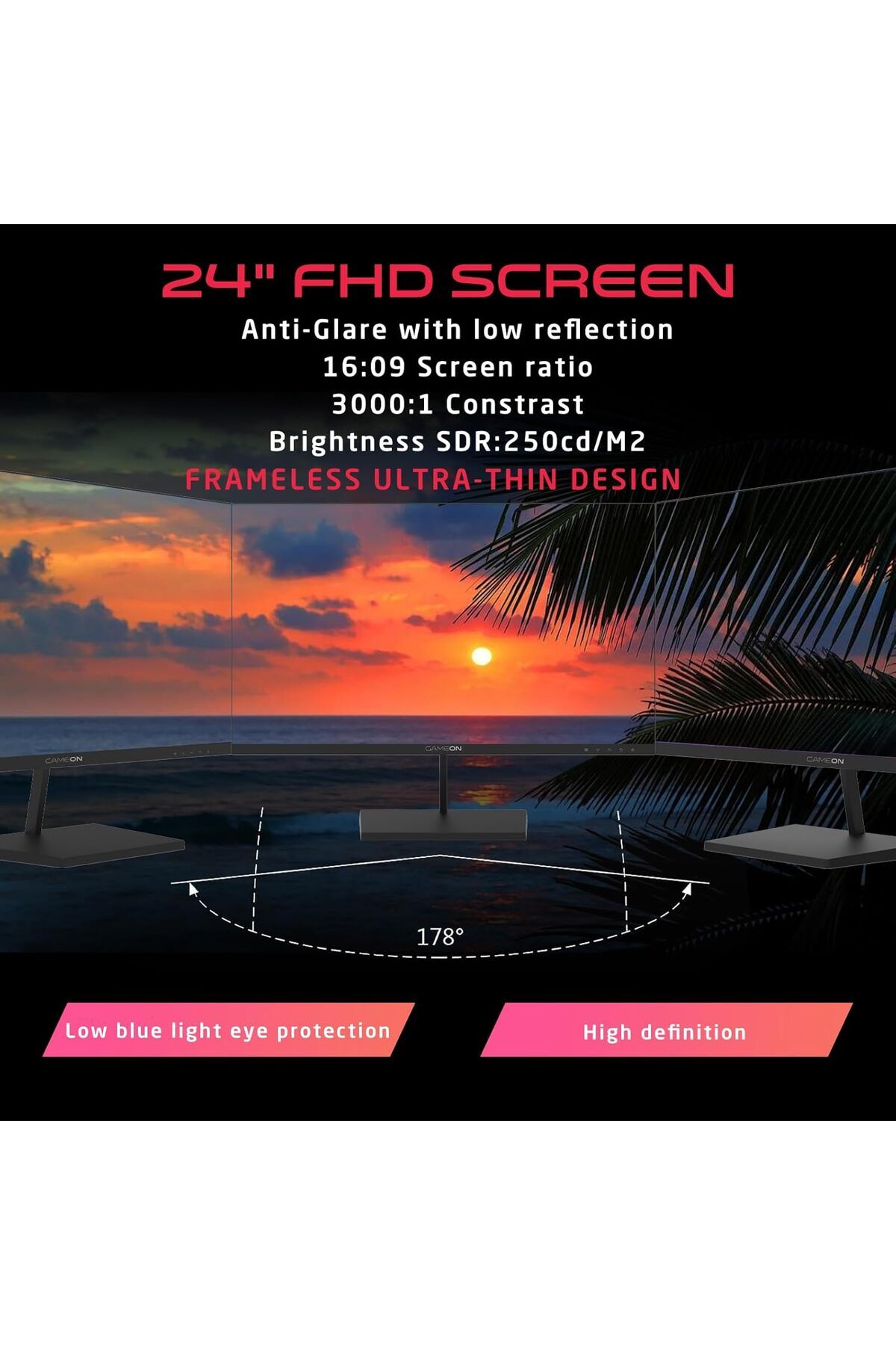 GAMEON-شاشة ألعاب GB24F75 مقاس 24 بوصة، دقة FHD VA، 75 هرتز، 5 مللي ثانية، HDMI 1.4، مكبرات صوت مدمجة، أسود 2