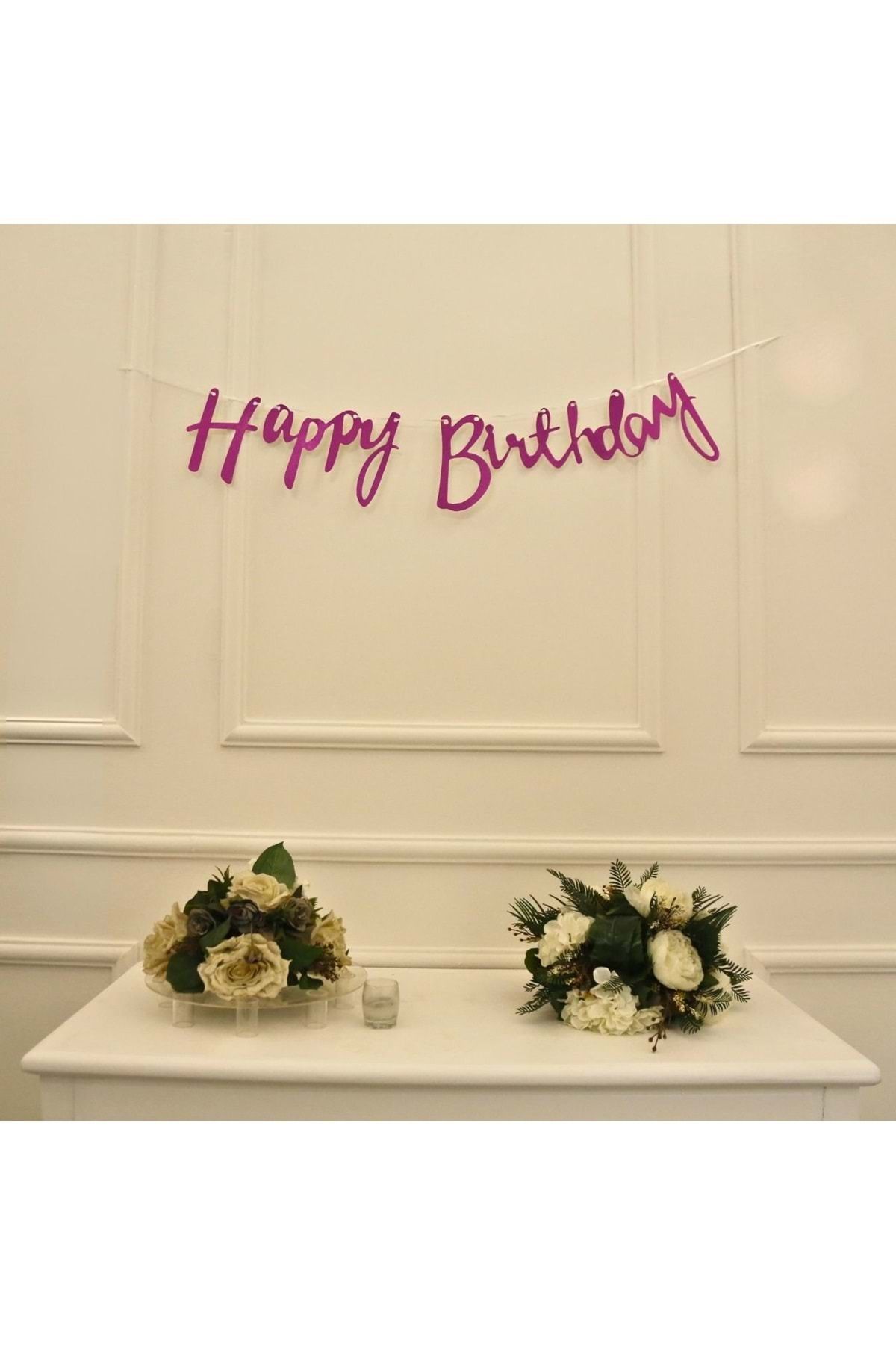 Organizasyon Pazarı Fuşya Simli Renkli Happy Birthday El Yazısı Banner