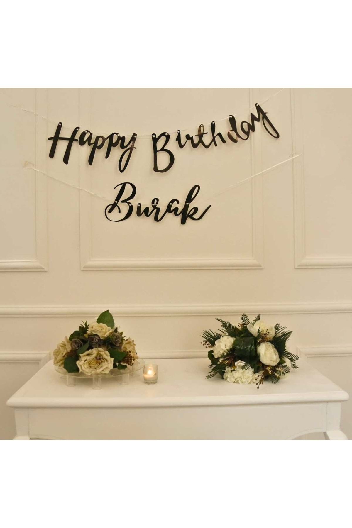 Organizasyon Pazarı Kişiye Özel Siyah Renkli Happy Birthday El Yazısı Banner