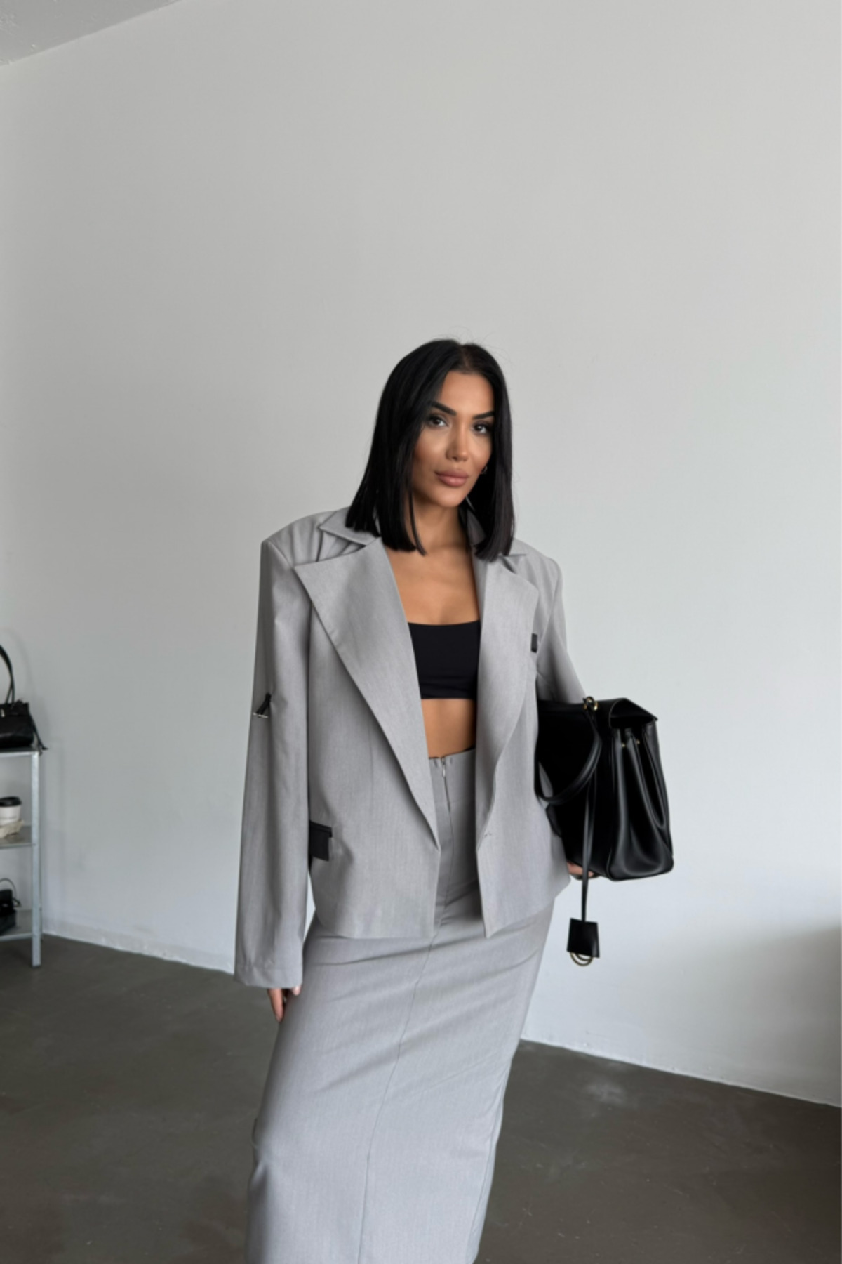 Aymood-Gray Crop Jacket - Skirt Set 2