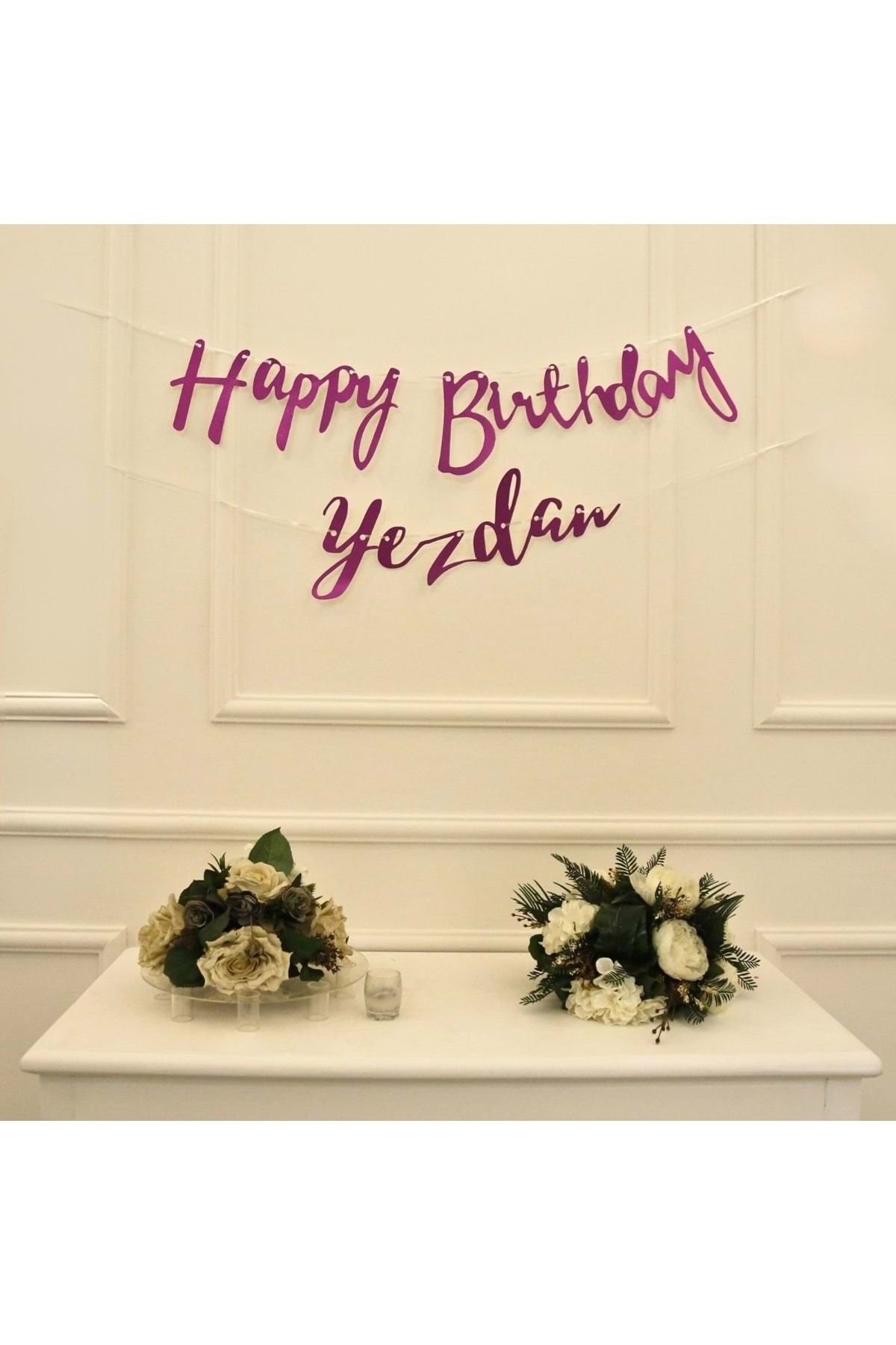 Organizasyon Pazarı Kişiye Özel Simli Fuşya Renkli Happy Birthday El Yazısı Banner