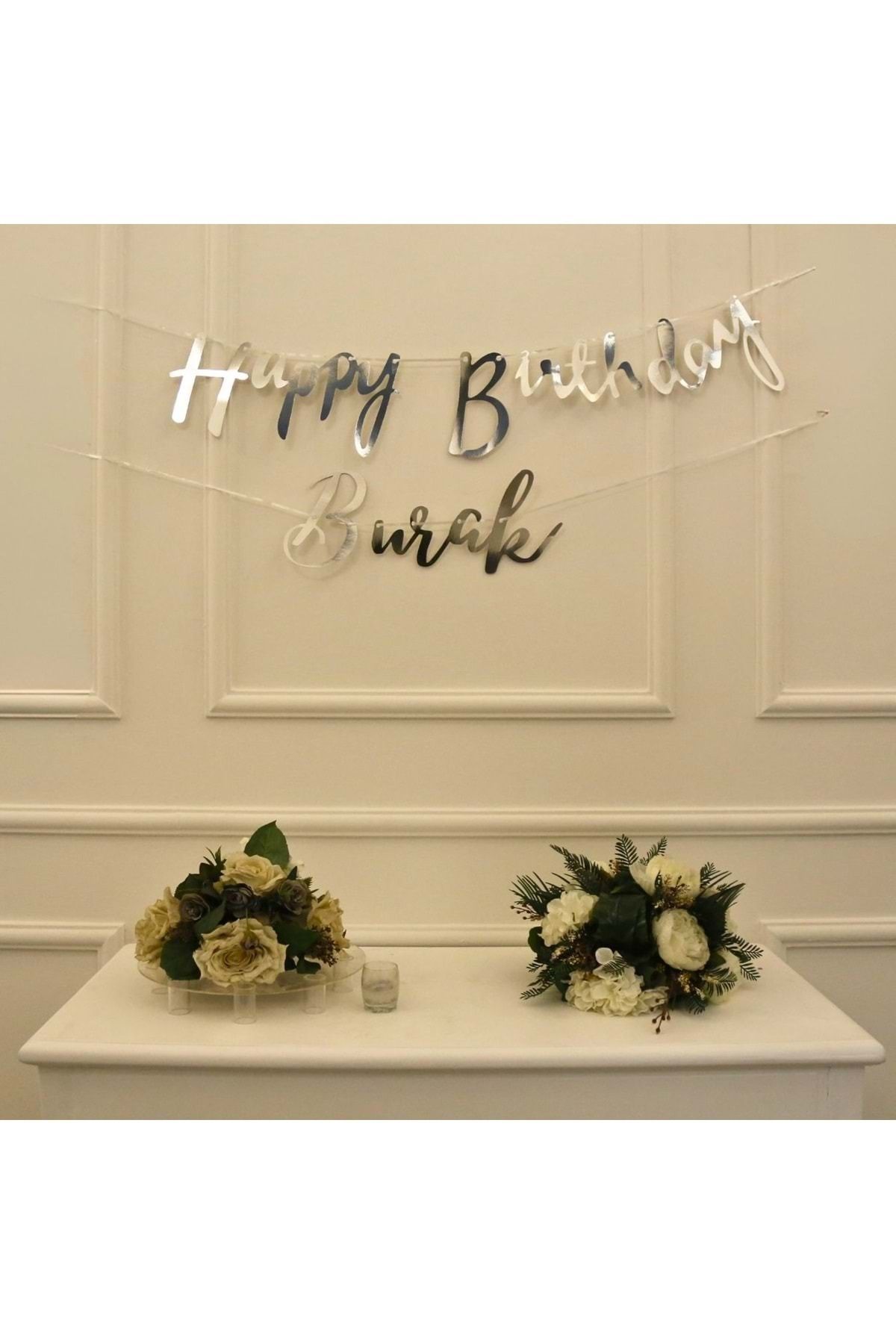 Organizasyon Pazarı Kişiye Özel Gümüş Renkli Happy Birthday El Yazısı Banner