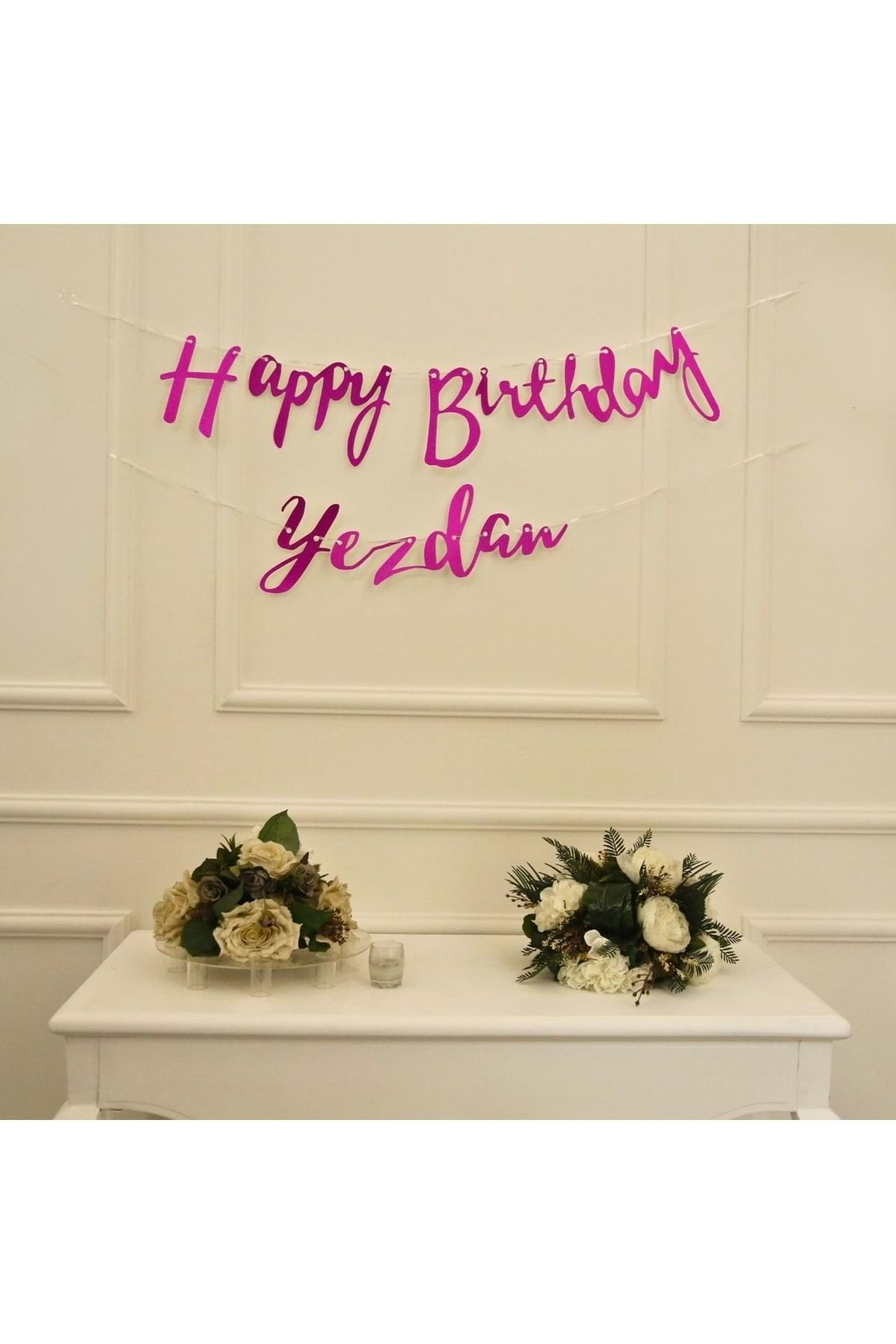 Organizasyon Pazarı Kişiye Özel Simli Pembe Renkli Happy Birthday El Yazısı Banner