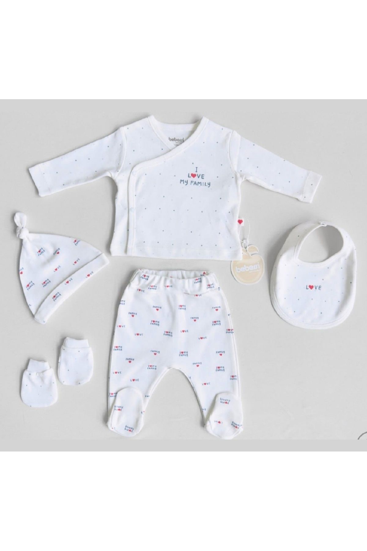 Bebessi Organik Pamuklu I Love My Family 5li Takım Hastane Çıkışı 0-3ay Yenidoğan Unisex