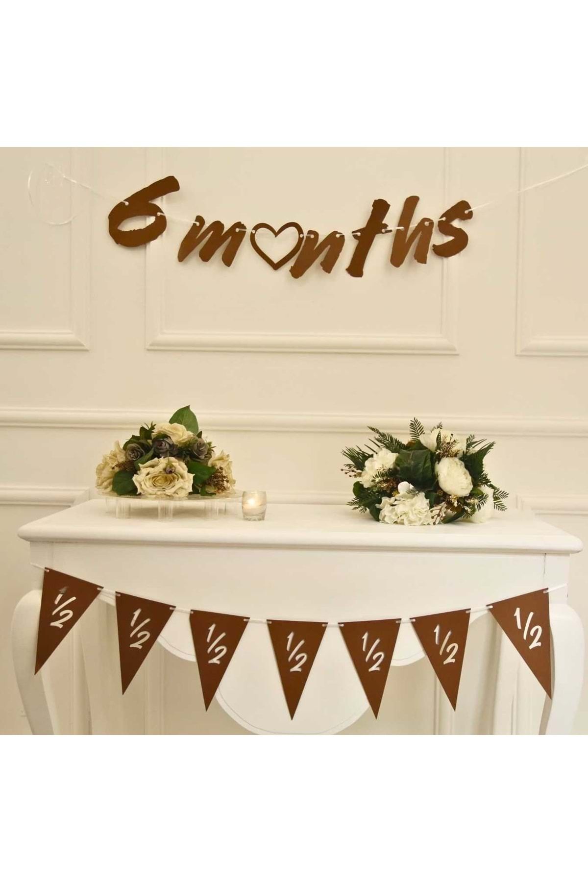 Organizasyon Pazarı 6 Months Craft Renk Banner İpli Duvar Süsü Yarım Yaş Altı Ay Parti Süsü Ve Üçgen Flama İkili Set