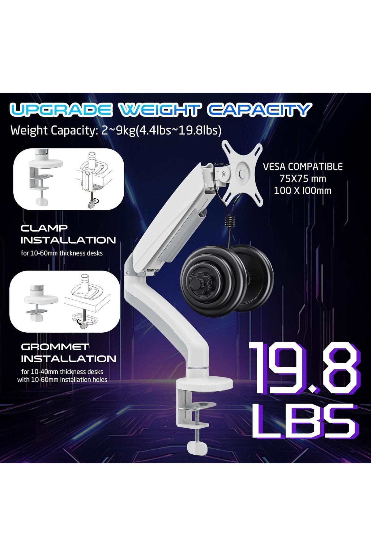 GAMEON-GO-5400 Mechanical Spring, Single Monitor Arm For Gaming And Office Use, Supports 17" - 32”, White 4