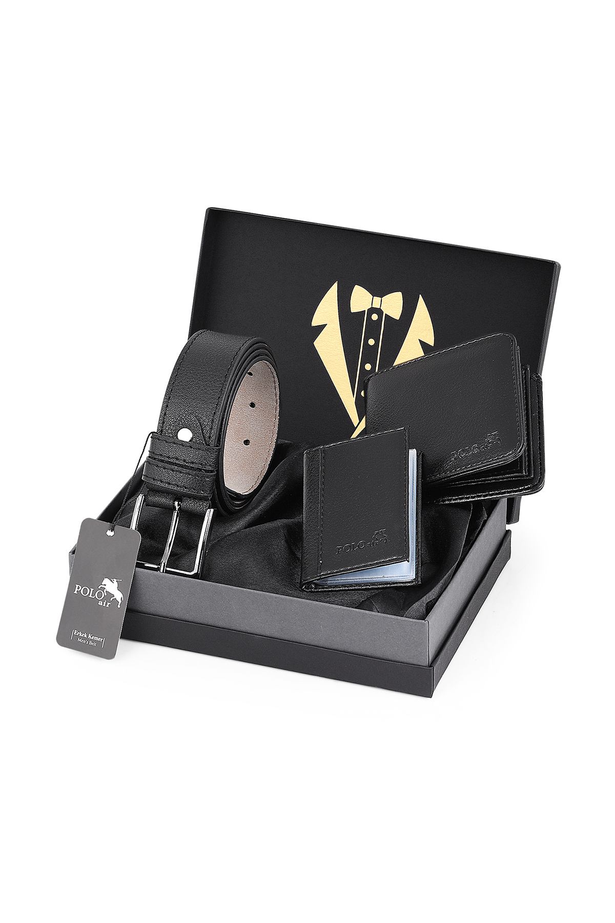 Polo Air Erkek Damat Bohçası Kutulu 3'lü Kemer, Cüzdan ve Kartlık Klasik Model Set