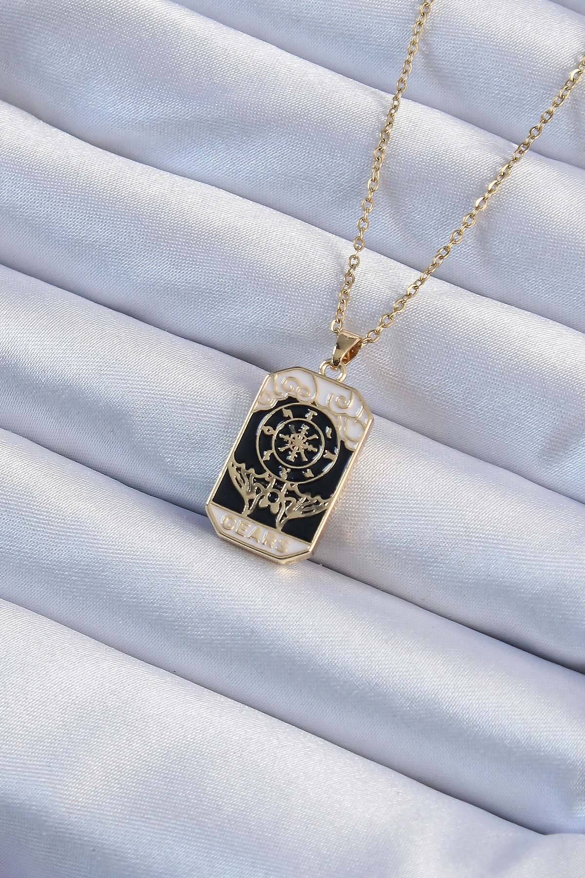 karadağsb 316L Çelik Zincir Altın Renk İşlemeli Siyah Mineli Tarot Kolye - Tj-Bko9236