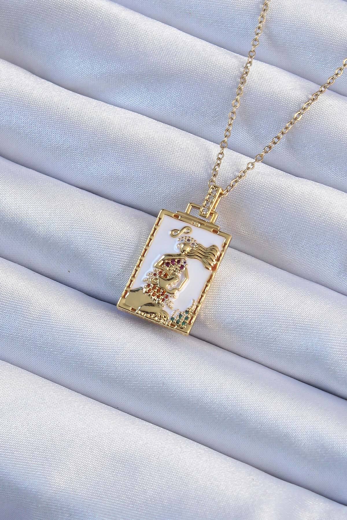 karadağsb 316L Çelik Zincir Altın Renk Beyaz Mineli Tarot Kolye - Tj-Bko9249