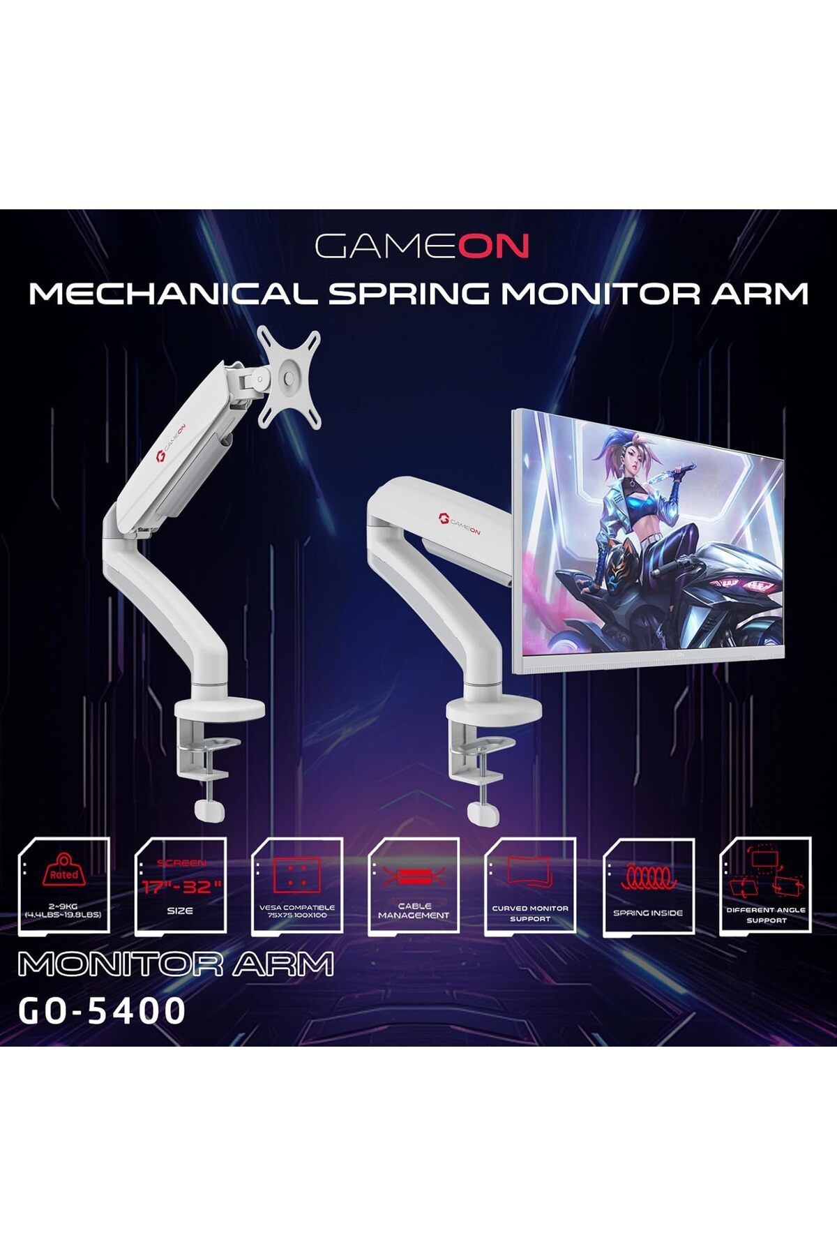 GAMEON-GO-5400 Mechanical Spring, Single Monitor Arm For Gaming And Office Use, Supports 17" - 32”, White 2