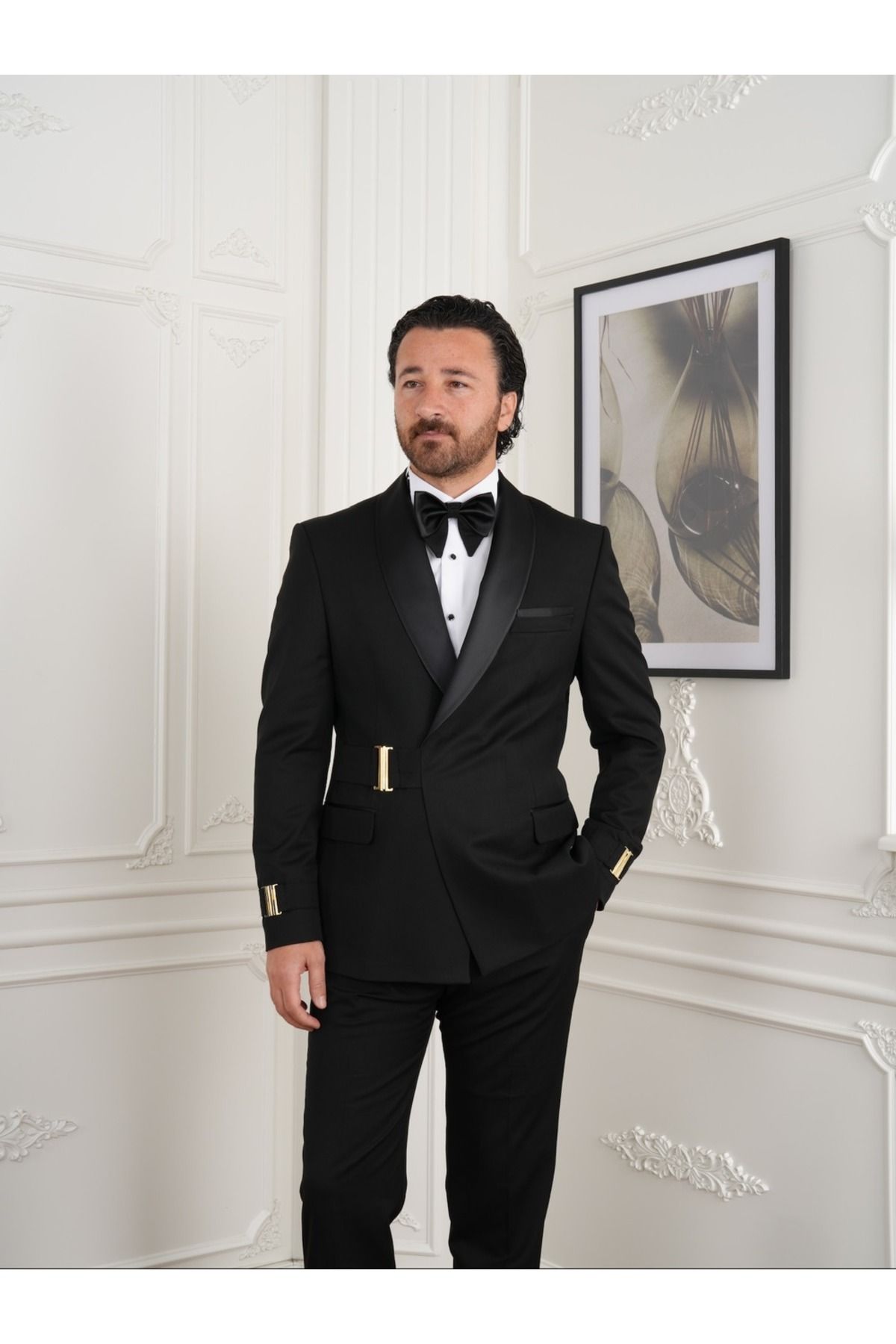 PAREZ Erkek Premıum Smokin Damatlık Şal Yaka Gold Toka İtalyan Stil Slim Fit Ceket Pantolon Papyon