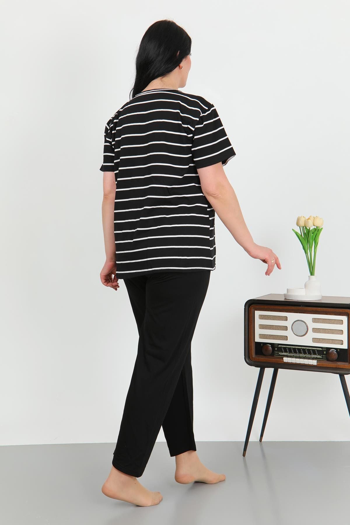 Akbeniz-Women's Plus Size Short Sleeve Pajamas Set Black Gx9688 5