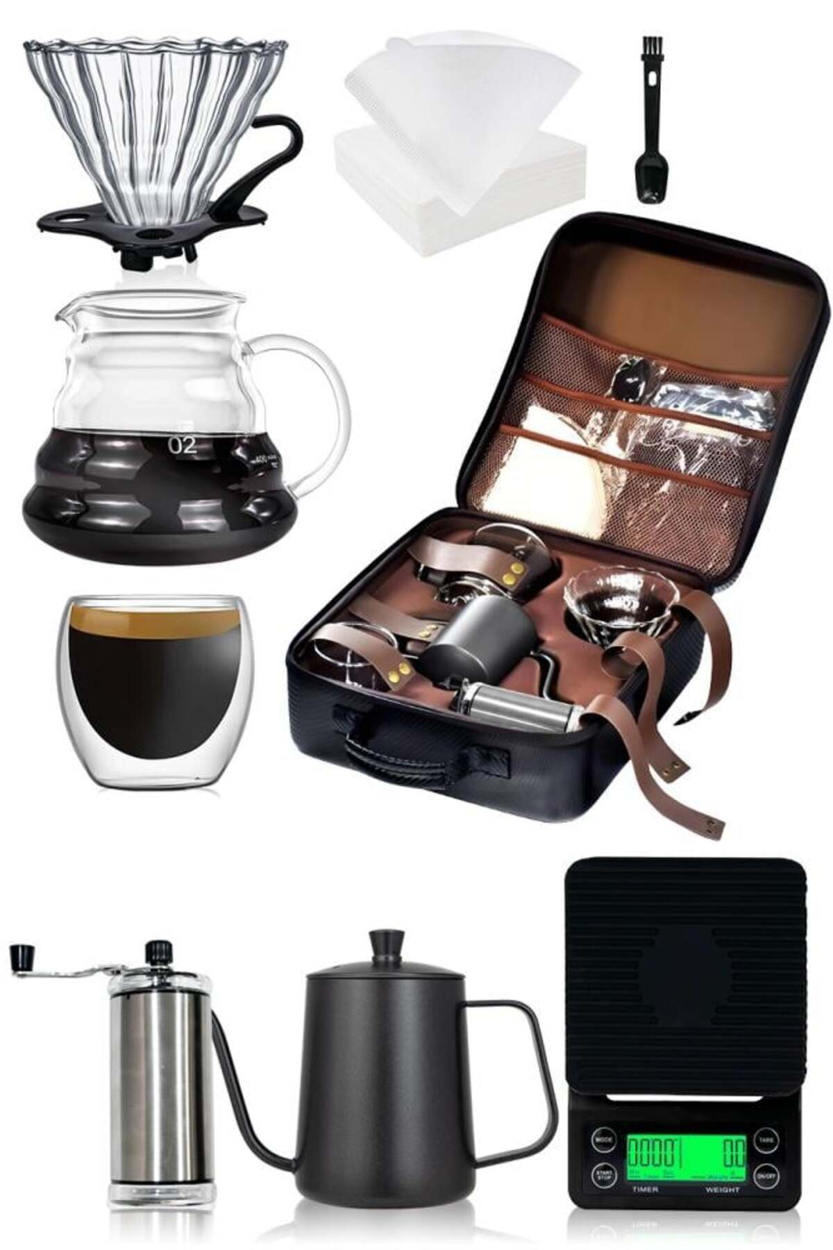 مجموعة ماكينة تحضير القهوة V60 تتضمن كيس قهوة، غلاية، ميزان للباريستا