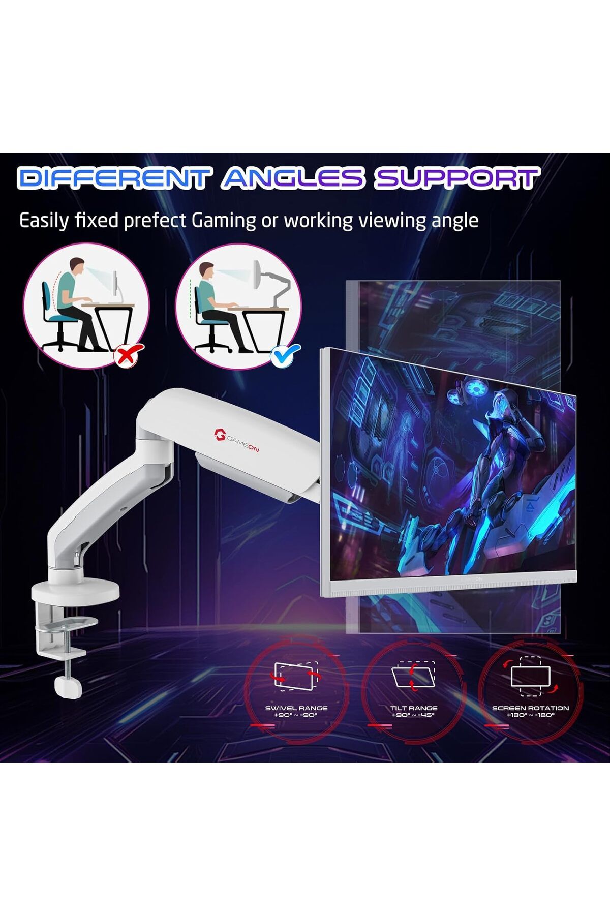 GAMEON-GO-5400 Mechanical Spring, Single Monitor Arm For Gaming And Office Use, Supports 17" - 32”, White 3