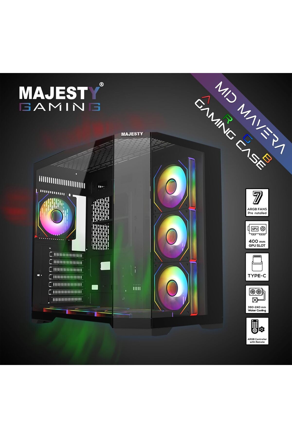 majesty-Majesty Midmavera Midtower Case, 7 ARGB Fans, Tempered Glass, ATX, Type-C & 2xUSB 3.0 Support, Black 2